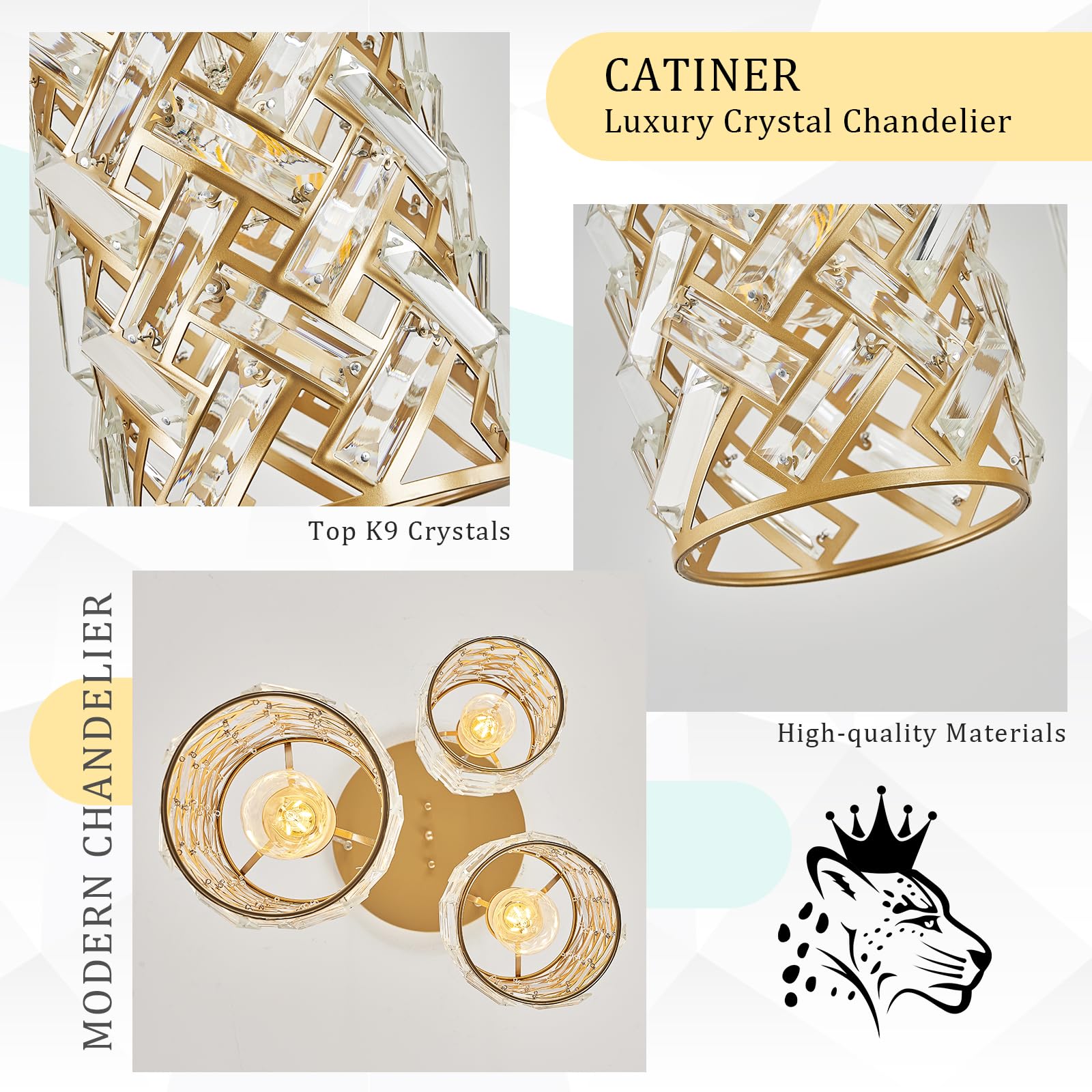 Catiner 3-Light Modern Gold Crystal Pendant Light Luxury Mini Chandelier, Adjustable Cluster Pendant Lighting For Kitchen Island