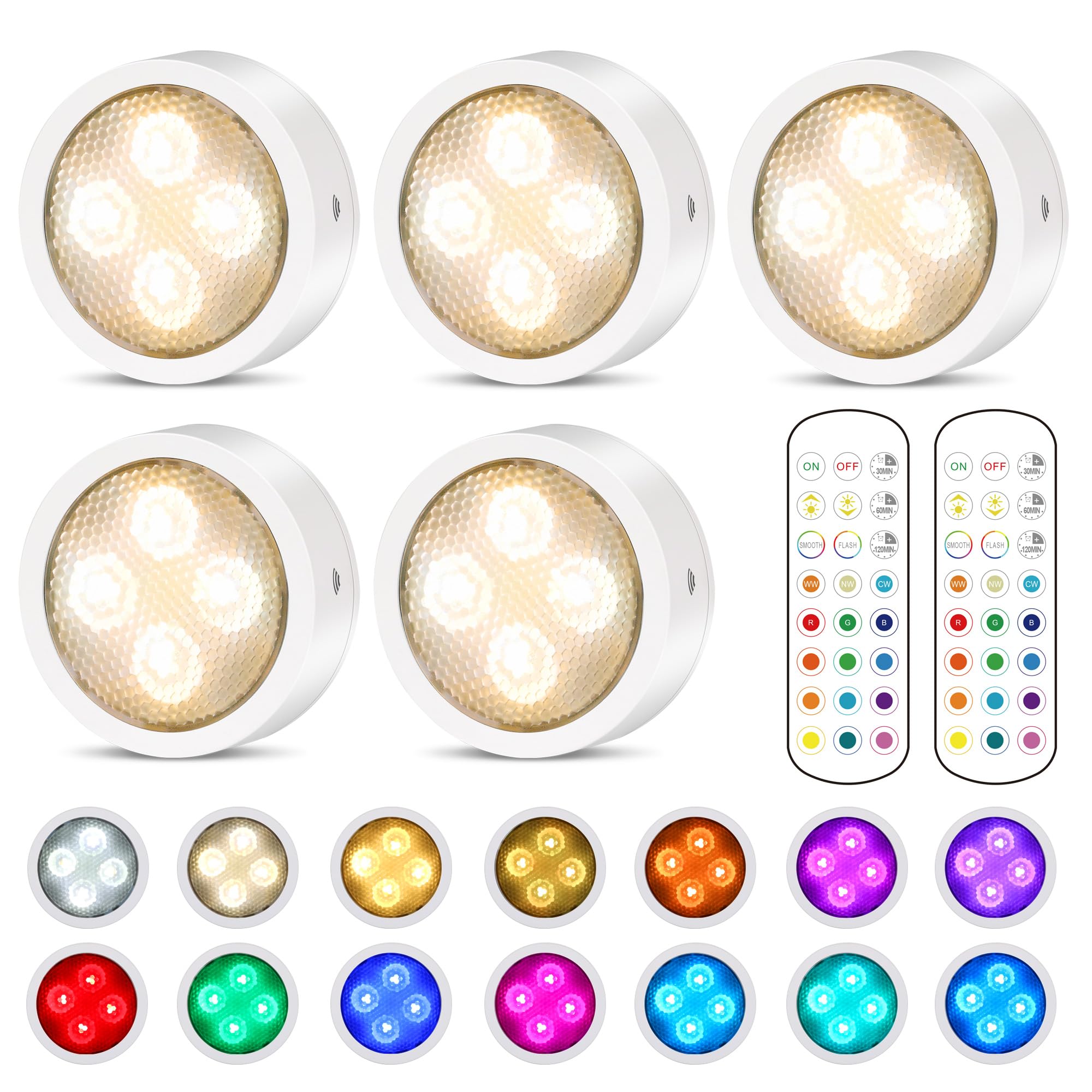 TECOMLIGHT Puck Lights with Remote, Battery Operated Wireless LED Under Cabinet Lights, Stick on Tap Light, RGB & Warm White Und