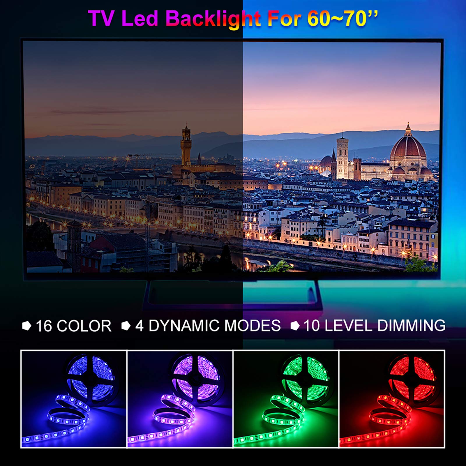 Kopmhye 10Ft Rgb Led Strip Lights, Waterproof Usb Backlight, 16 Color Changing For Tv & Pc