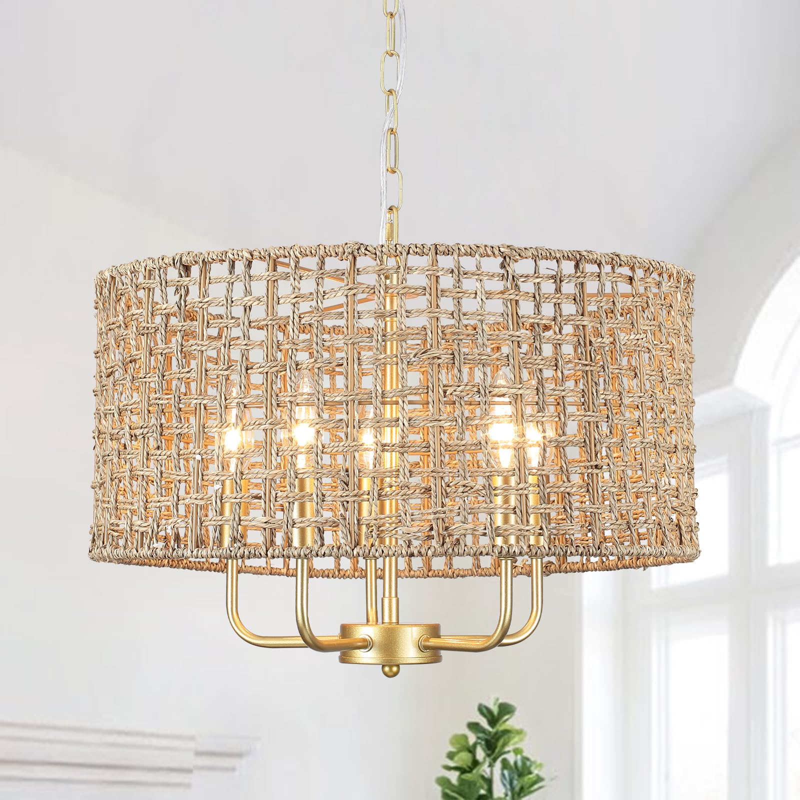 Hand Woven Rattan Chandelier 5 Lights Large Gold Farmhouse Chandelier With Wicker Shade Rustic Boho Pendant Light Fixtures Drum 
