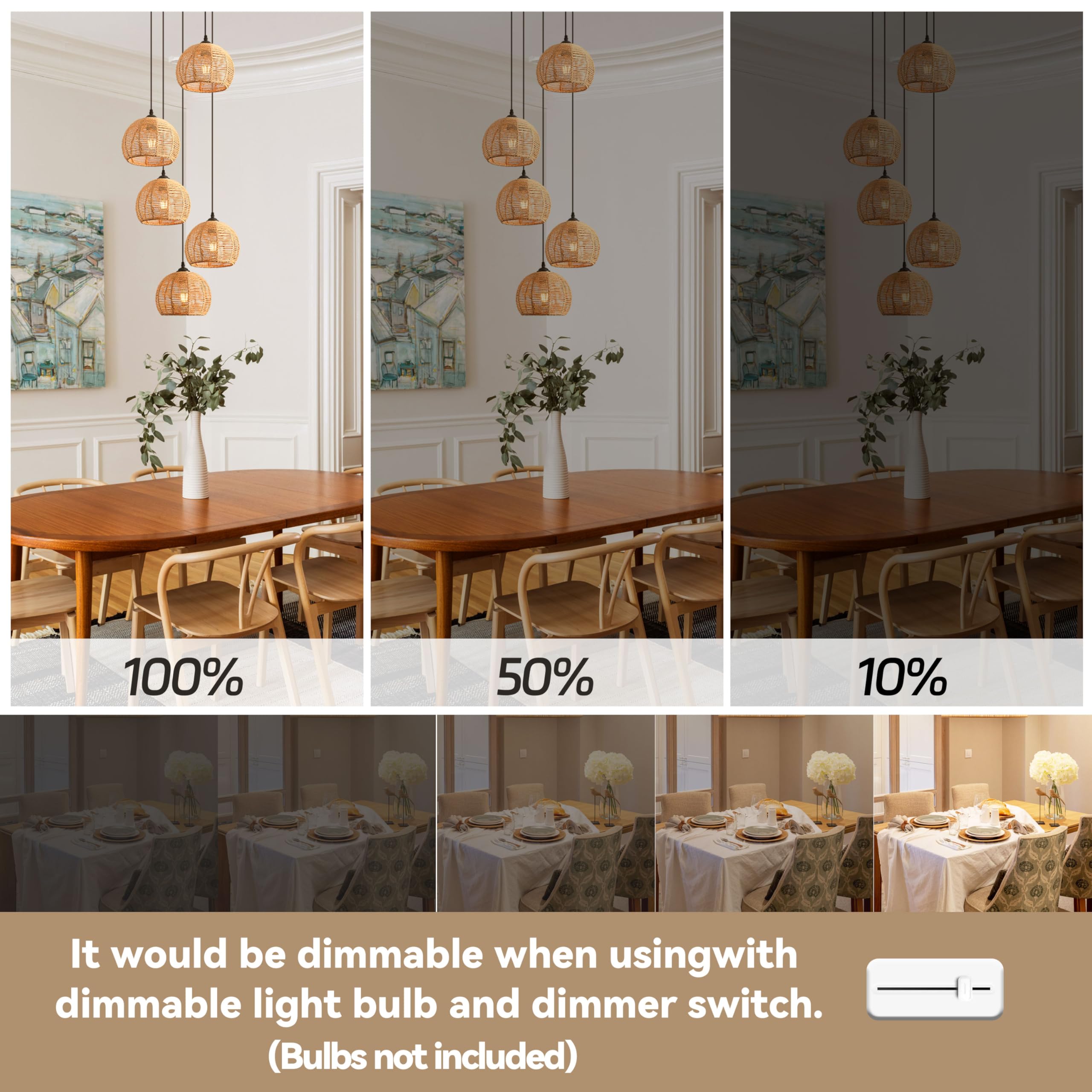 5-Light Woven Foyer Chandeliers For High Ceiling,5 Dome Boho Rattan Pendant Light Farmhouse Wicker Ceiling Light,Rustic Hemp Rop