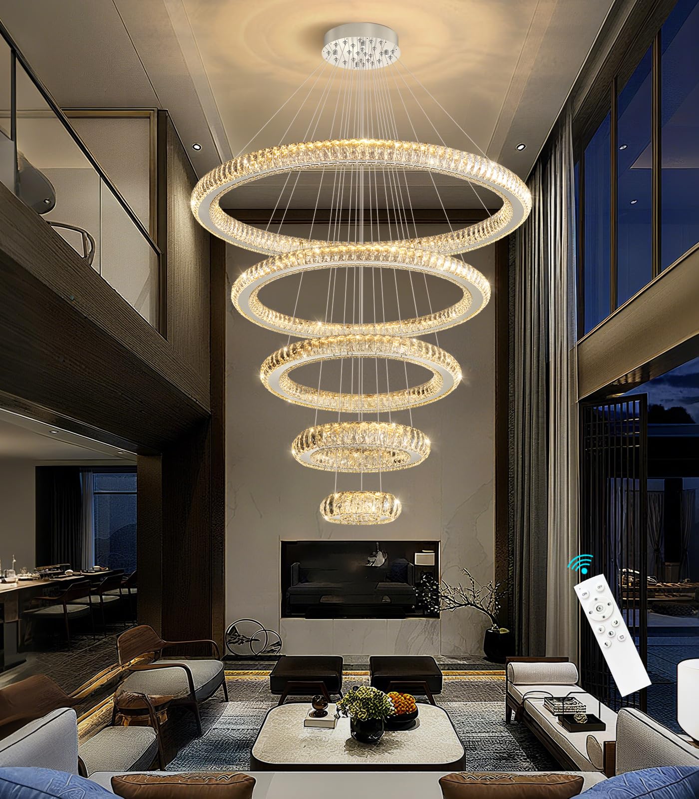HAIXIANG Modern Chandelier 8+16+24+32+40 5 Rings Crystal LED Dimmable Lighting Foyer Entryway High Ceiling Living Room Chanderliers Pendant Lights Fixtures Silver Light