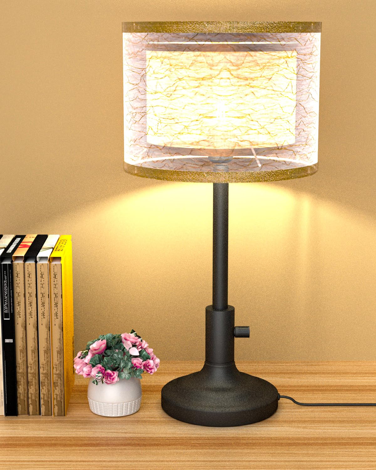 Lightdot Mid Century Table Lamp for Bedroom, Vintage Black Dimmable Table Lamp with 2-Layer Lampshade, Farmhouse Bedside Lamp Ni