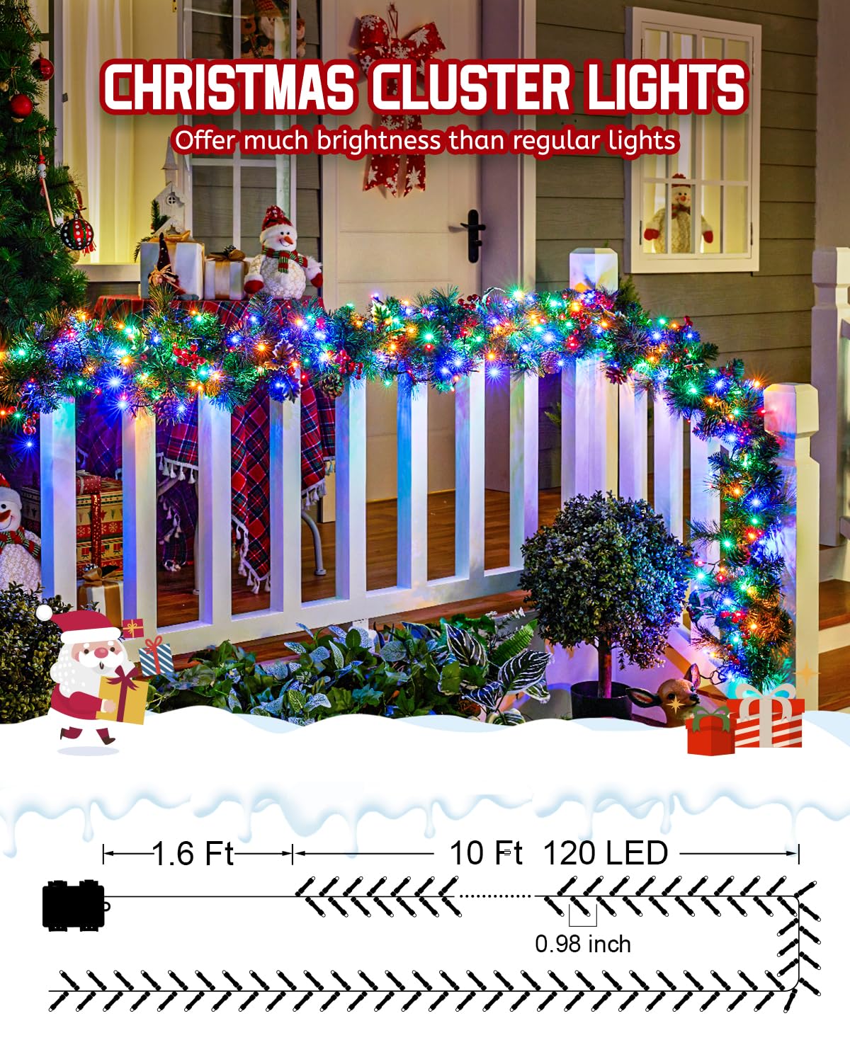 Brightown Christmas Cluster Lights Battery Operated Outdoor, 10Ft 120 Led Christmas Tree Lights Firecracker String Lights Waterproof Twinkle Lights For Indoor Wreath Xmas Tree Decorations, Multicolor