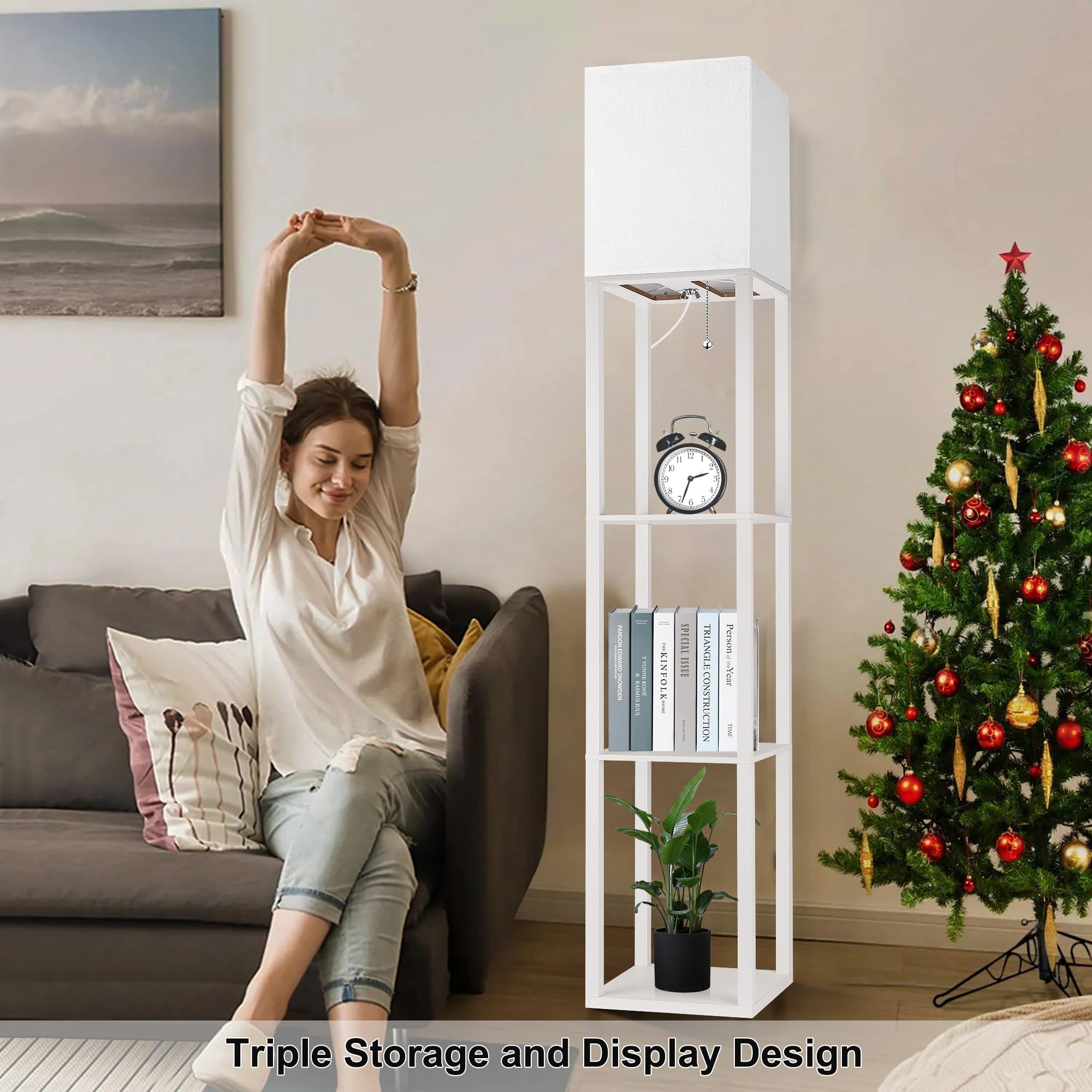 Floor Lamp With Shelves For Living Room White, Shelf Floor Lamp With 3 Cct Led Bulb, Corner Display Standing Column Lamp Etagere