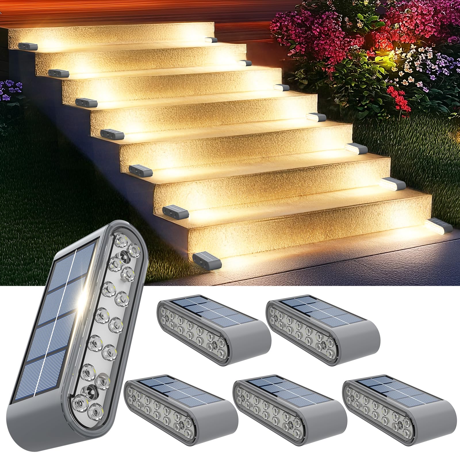 Xillumi Core Solar Step Lights For Outside  6-Pack Stair Light Outdoor Waterproof Ip67  14 Led Warm White Light Solar Powered Lighting For Steps  Stairs  Deck Patio  Walkway  Front Porch Decor