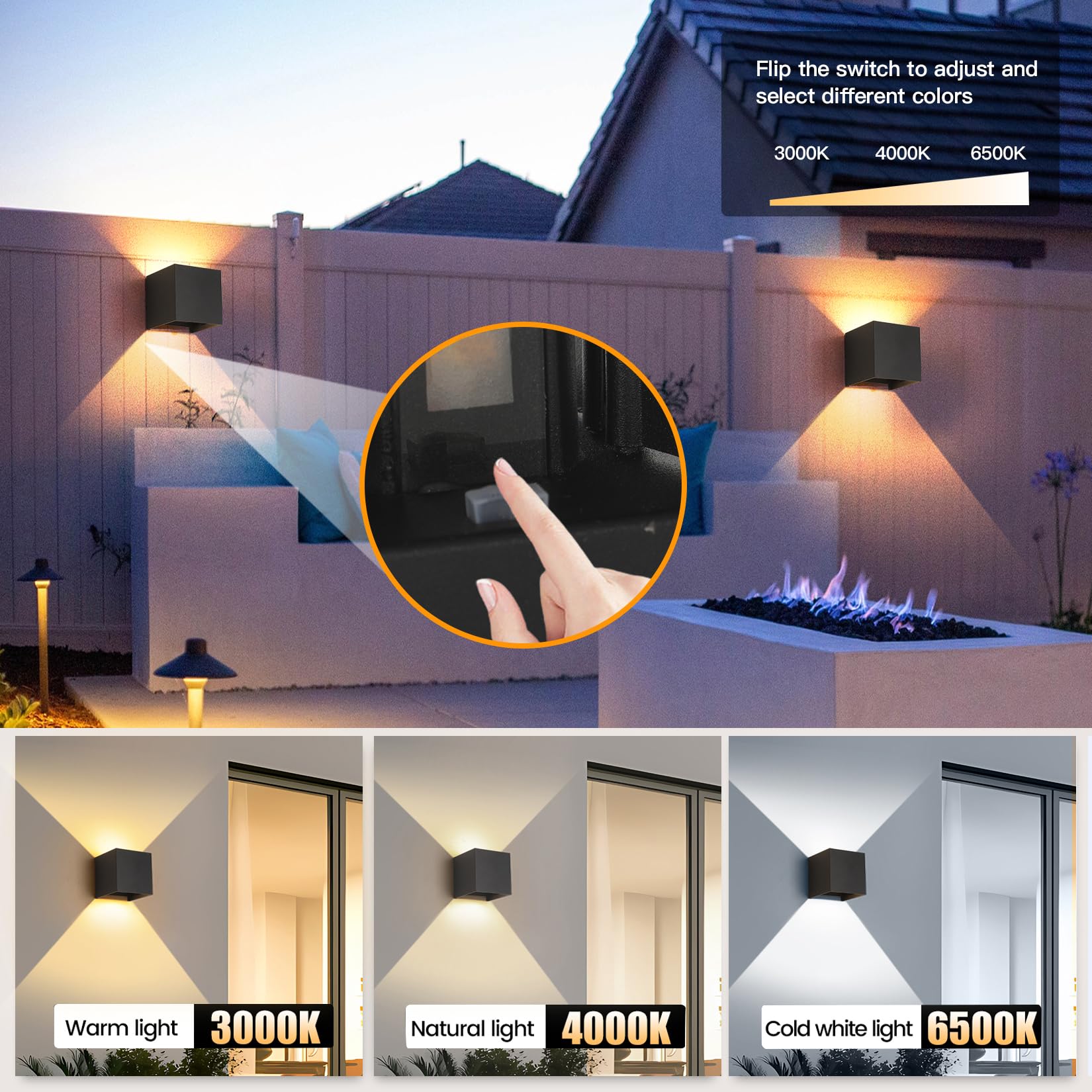 4 Pack Led Outdoor Wall Lights Exterior/Interior 3 Colors Adjustable 15W Wall Light Fixture Ip65 Waterproof Porch Exterior Wall Sconce Modern Outdoor Lighting Square Aluminum Black Up And Down Lights