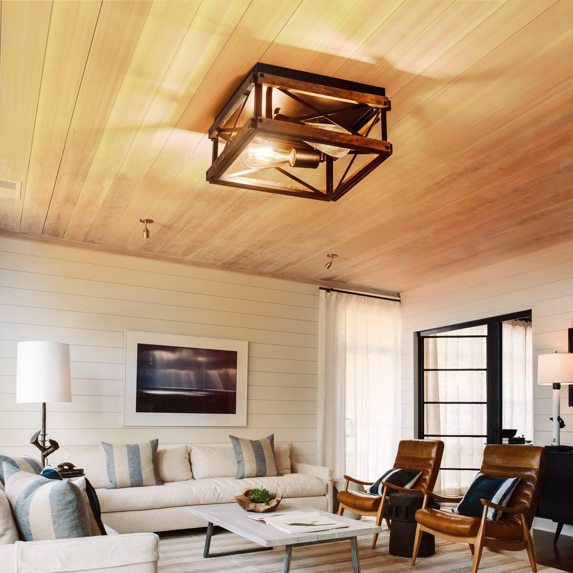 Mayna 2-Light Industrial Ceiling Light Fixtures, Farmhouse Flush Mount Ceiling Light, Metal And Wood Square Dining Room Light Fixture For Hallway Bedroom Balcony Farmhouse,Black