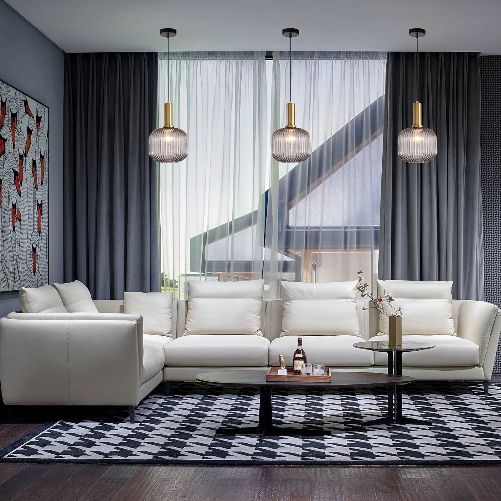 I-xun Modern Pendant Light Fixture, Striped Glass, Gold Socket, 7.87in  Size, Gray, Model I-xun SG-M