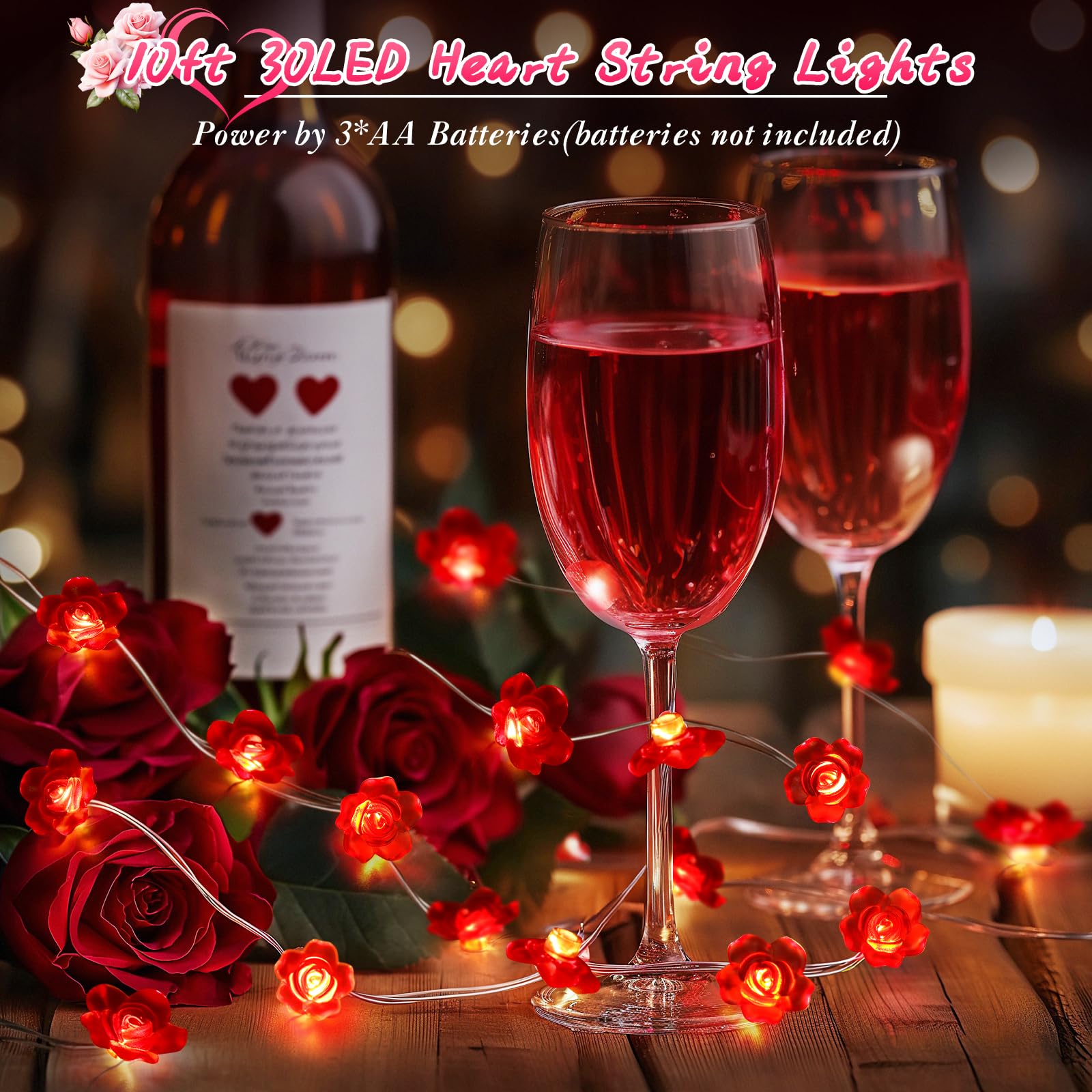 Coquimbo Heart String Lights, 10FT 30 LED Battery Operated Fairy Lights, Copper Indoor Decor for Valentines Day, Weddings, Parties