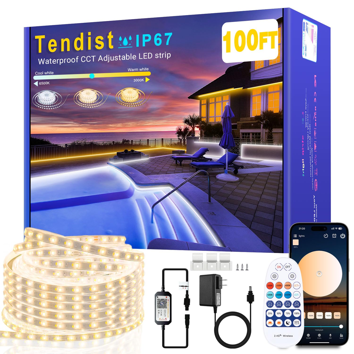 Tendist 100Ft Outdoor Led Strip Lights Waterproof Ip67  Dimmable 3000K-6500K Warm White Led Rope Lights Outdoor Waterproof With Remote & App  24V Adhesive Exterior Lighting For Patio  Deck  Gazebo