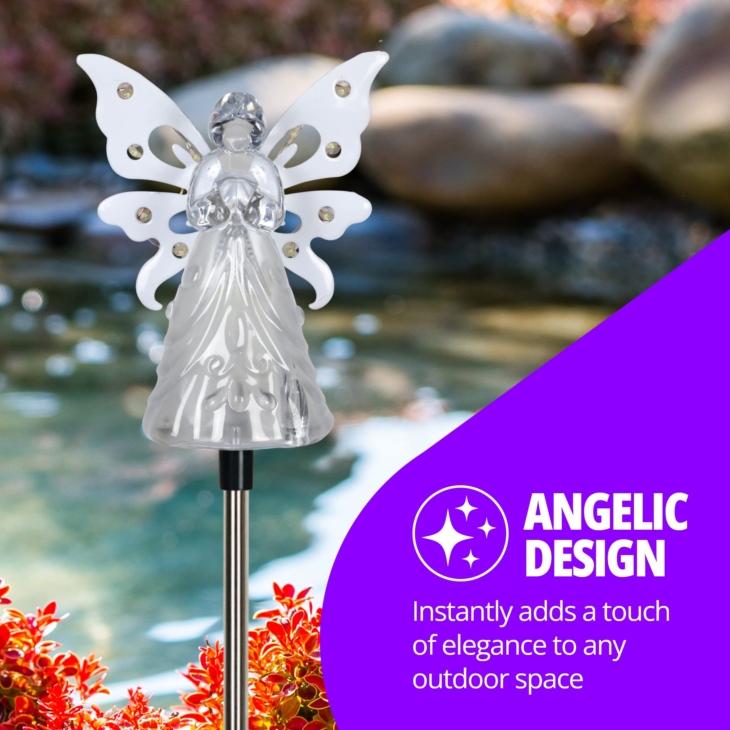 Exhart Garden Solar Lights, Decorative Angel Stake, 12 LEDs, Small, White, Model 20714