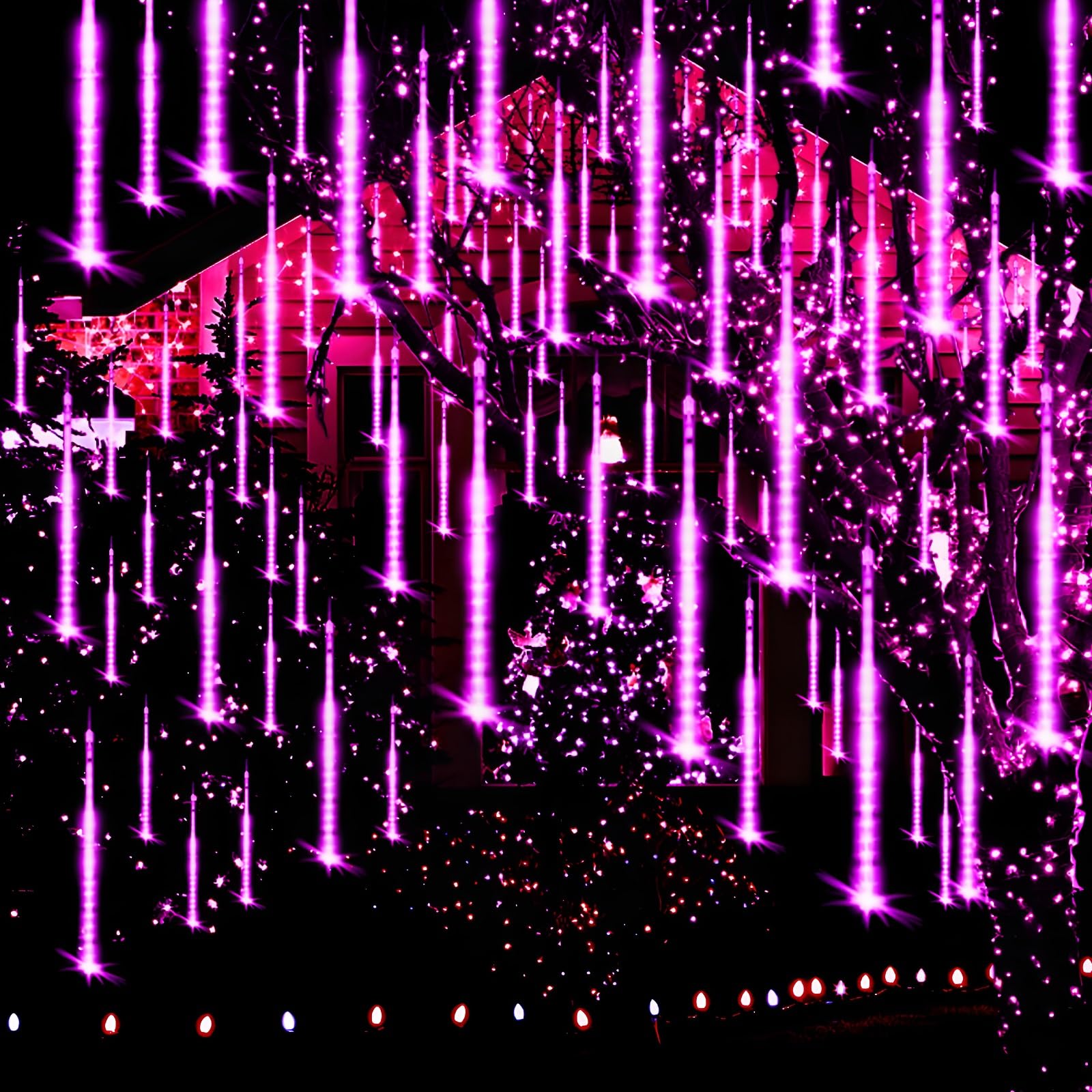 Adecorty Halloween Lights Outdoor, Purple Halloween Decorations Meteor Shower Lights Christmas Lights Outdoor 8 Tubes 192 LED Falling Rain Dripping Icicle Lights for Xmas Christmas Decor Party,UL Plug