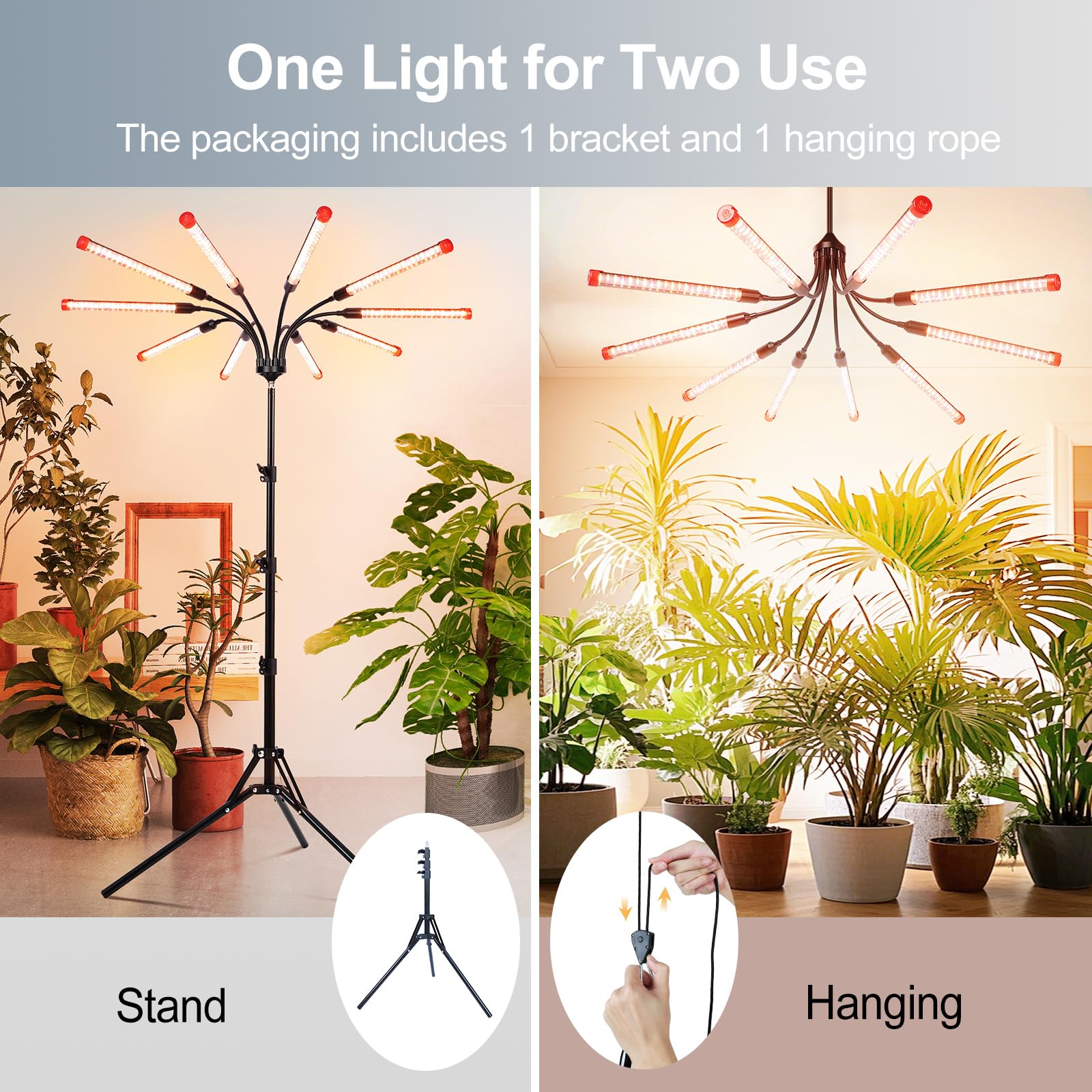 FECiDA 90W LED Grow Light for Indoor Plants, 10-Head, Full Spectrum, Black, Model ZH_GL_RH
