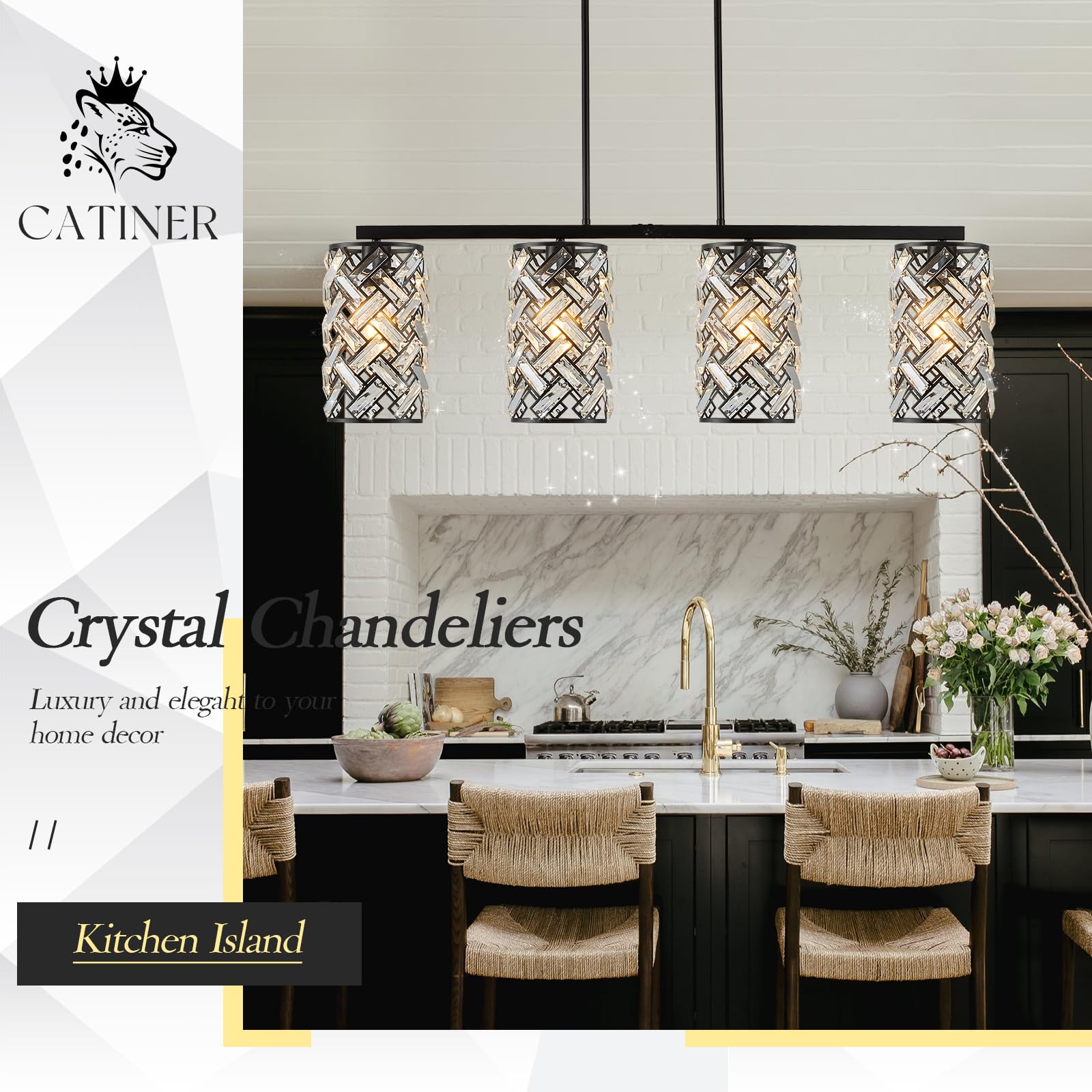Catiner 40'' Crystal Kitchen Island Lighting 4 Lights Modern Black Linear Chandelier Dining Room Light Fixture Over Table Luxury