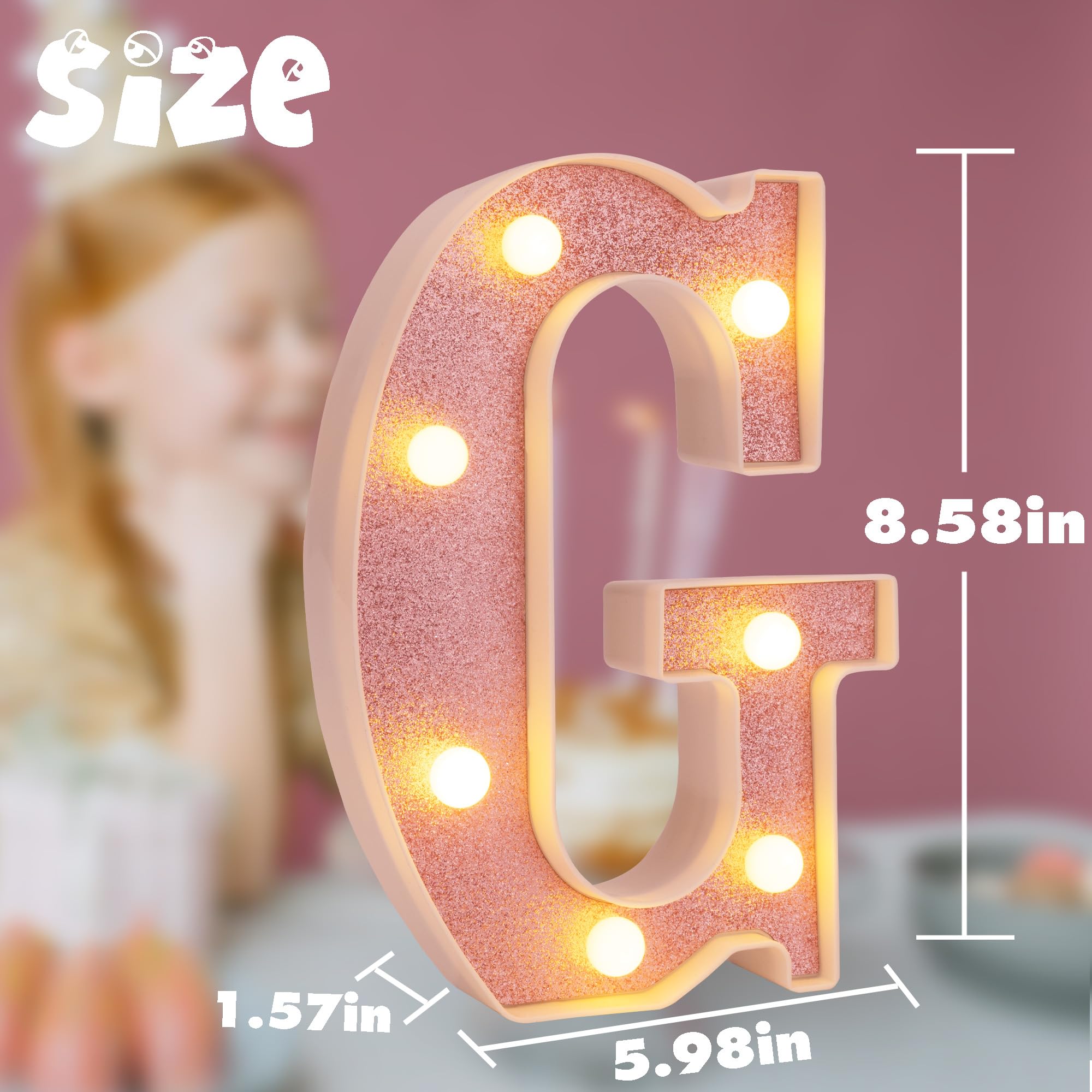 DyingSwan LED Marquee Letter G, 8.58 Inch Light Up Sign, Battery Powered, Pink Glitter Plastic Decor for Parties and Events