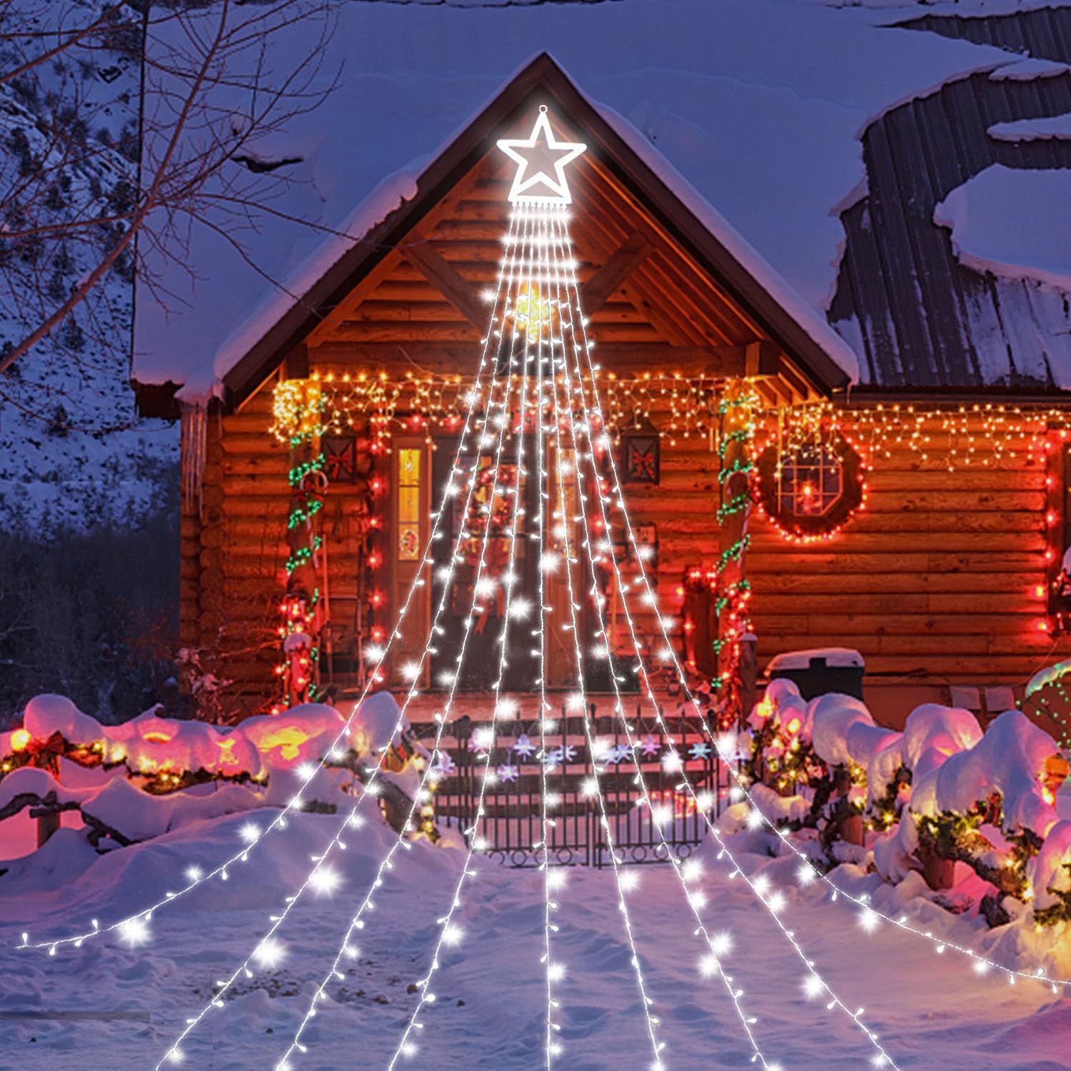 Outdoor Christmas Star String Lights, 320 LED 11.5 ft Waterfall Tree Lights with 8 Lighting Modes for Indoor/Outdoor Yard, Home,