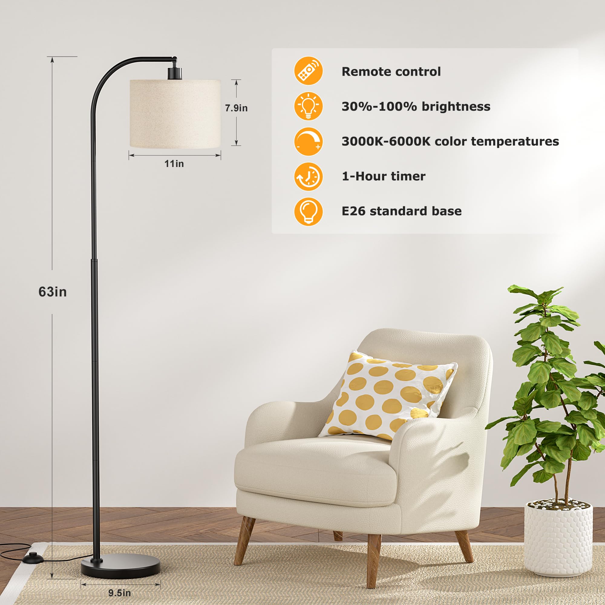 Ambimall Arc Floor Lamp With Remote And Stepless Dimmable Bulb, Colors Temperature & Brightness Adjustable, Black Floor Lamps Fo