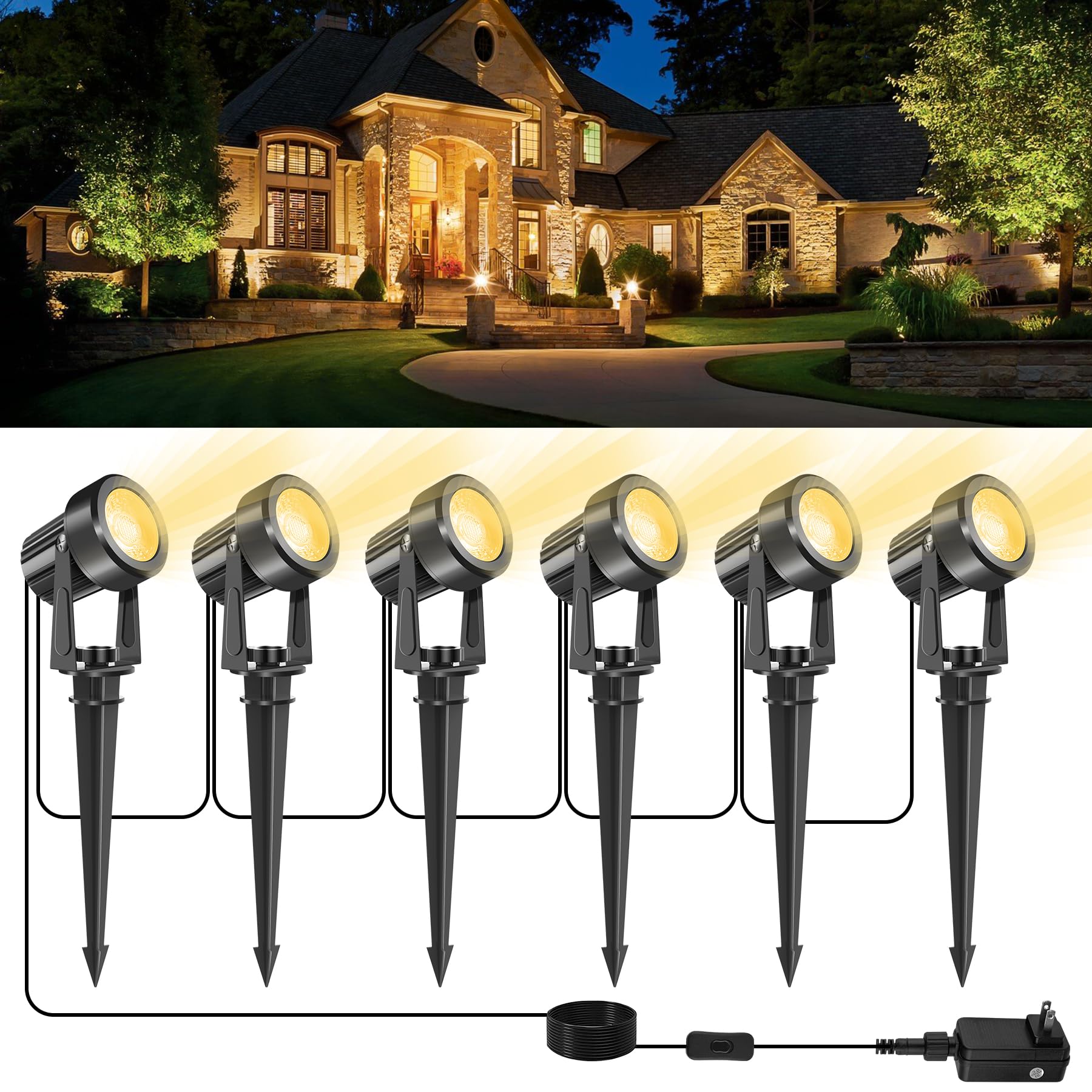 CREPOW LED Spotlight Outdoor,Low Voltage Landscape Lighting IP65 Waterproof with US Plug, 3000K Warm White Outdoor Spot Lights f