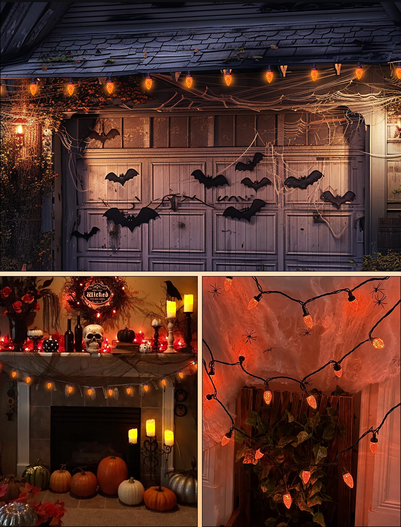 Orange Halloween String Lights Outdoor  26Ft Halloween Decorations Lights With 50 C7 Led Strawberry Orange Bulbs  Hanging Outdoor Patio Light For Outside Roofline Fall House Window Holiday Party Decor