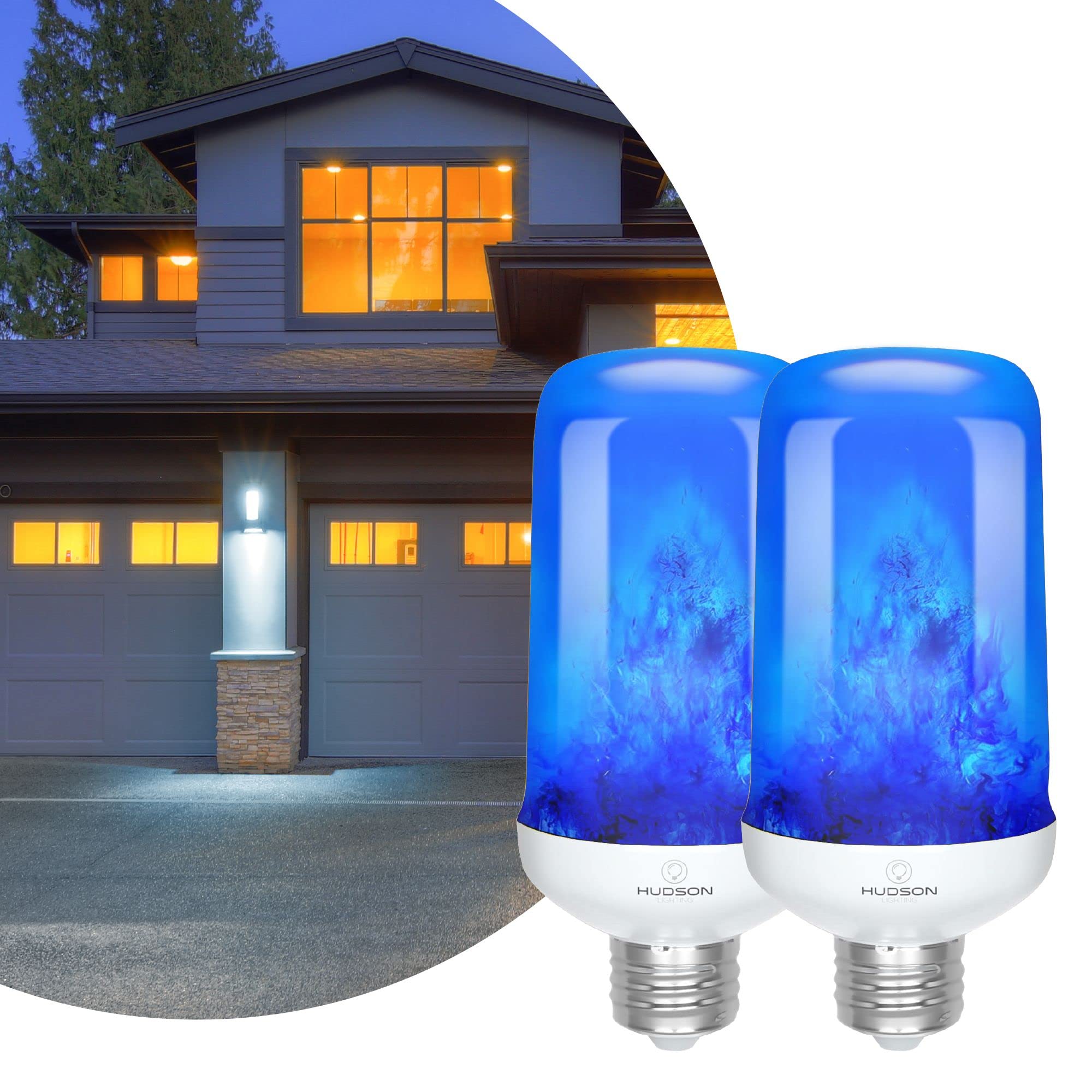 Hudson Blue LED Flame Effect Light Bulbs with 4 Mode Upside Down Effect - 3W Flicker Flame Light Bulb E26/E27 Base (2 Pack) - Flickering Light Bulb Blue Fire Light Flame Bulb for Indoor/Outdoor/Home