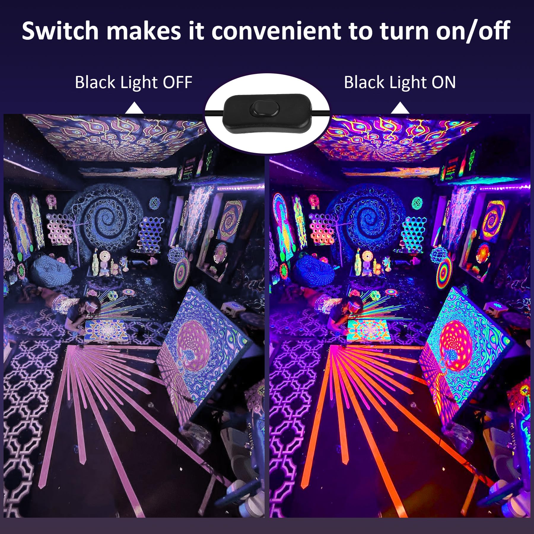 Crepow 2 Pack 200W Led Black Light, Blacklight Flood Light With Plug Switch, Ip66 Waterproof 3 Adjustable Brightness Black Light