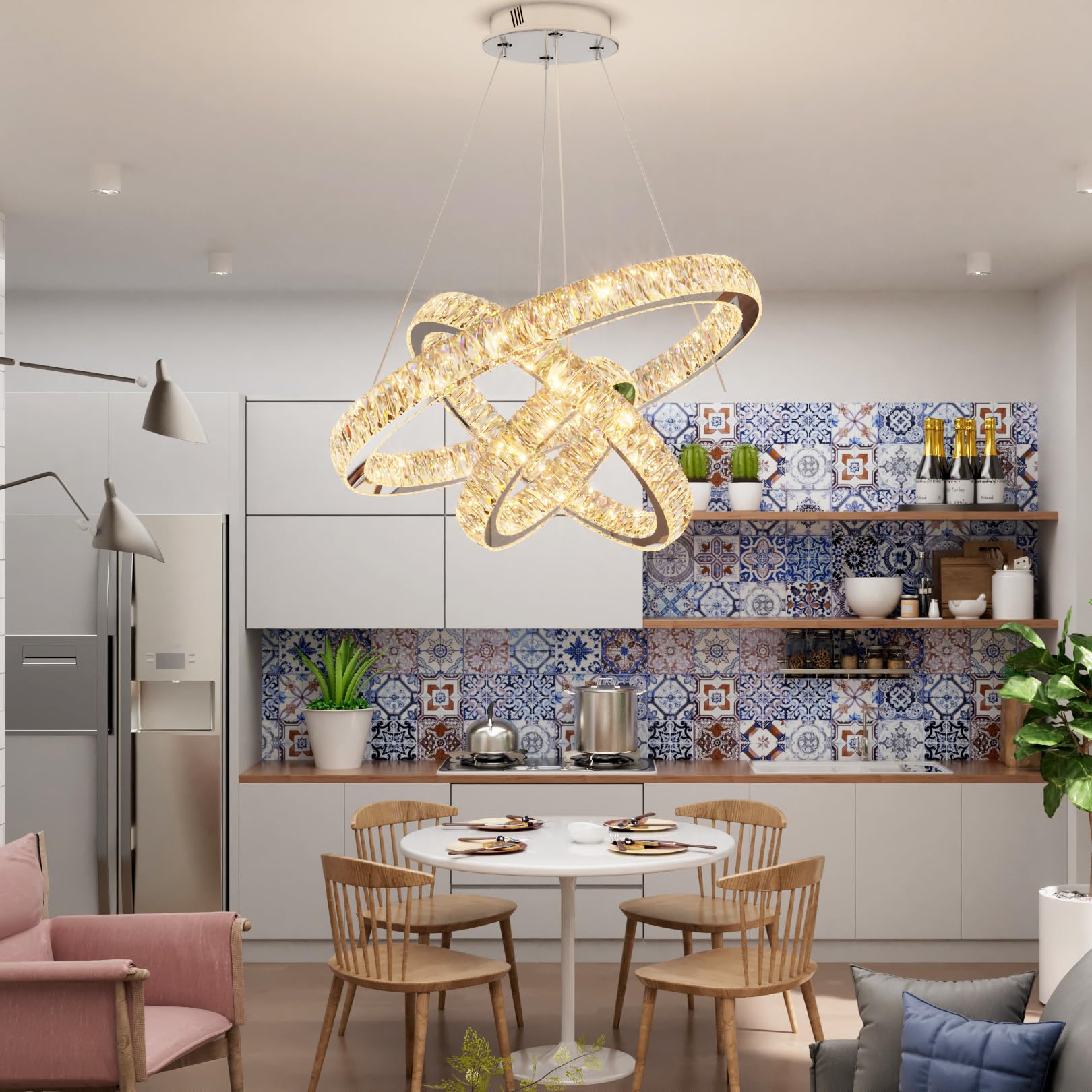 Idequy 3 Rings Crystal Chandeliers 32+24+16 Crystal Ceiling Light Fixture Pendant Lighting Hanging Lamp For Living Room Led Dimmable 3000-6000K