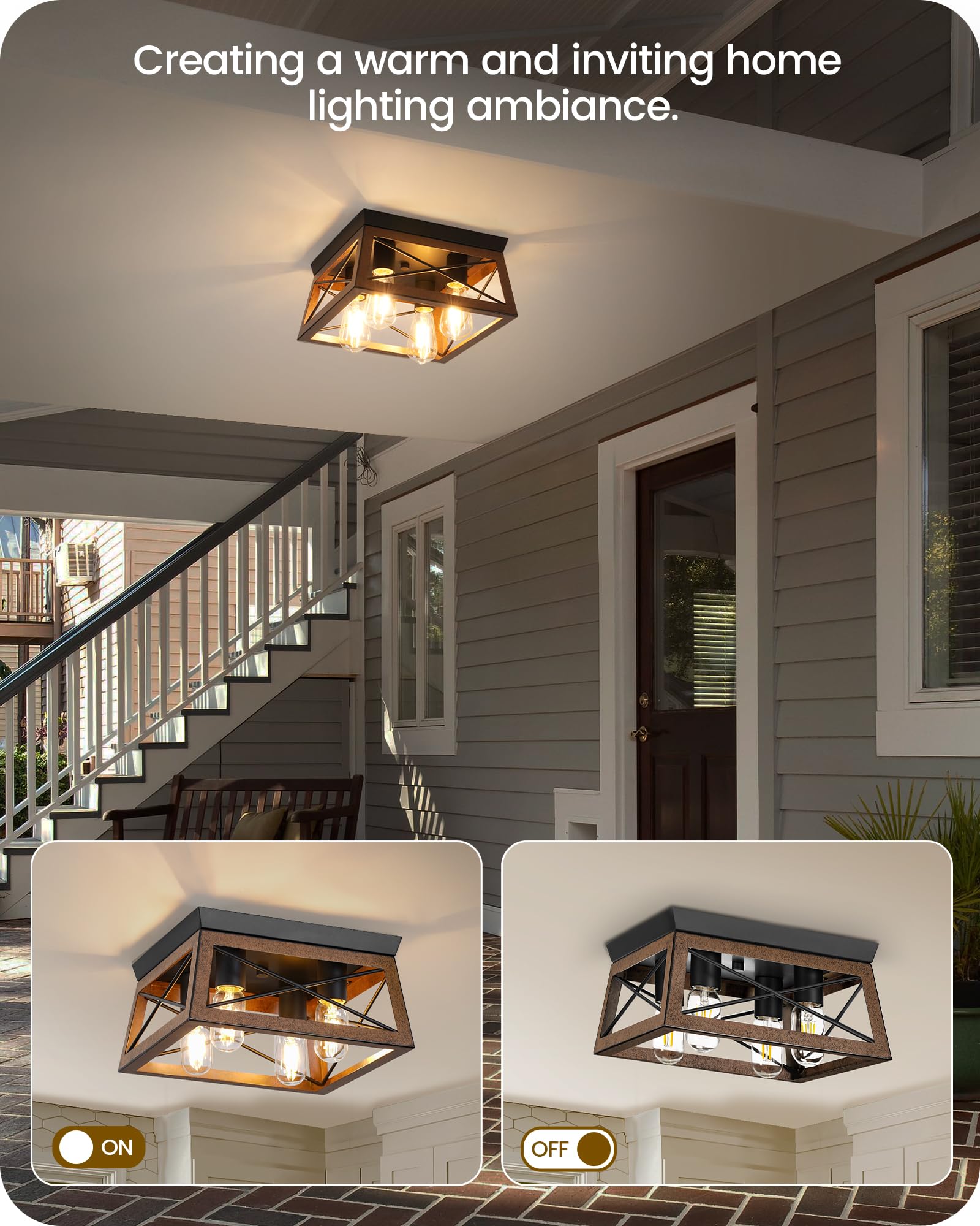 Goebleson Farmhouse Flush Mount Ceiling Light Fixtures, 4-Light Hallway Close To Ceiling Light, Metal-Framed, Wood Grain Finish,