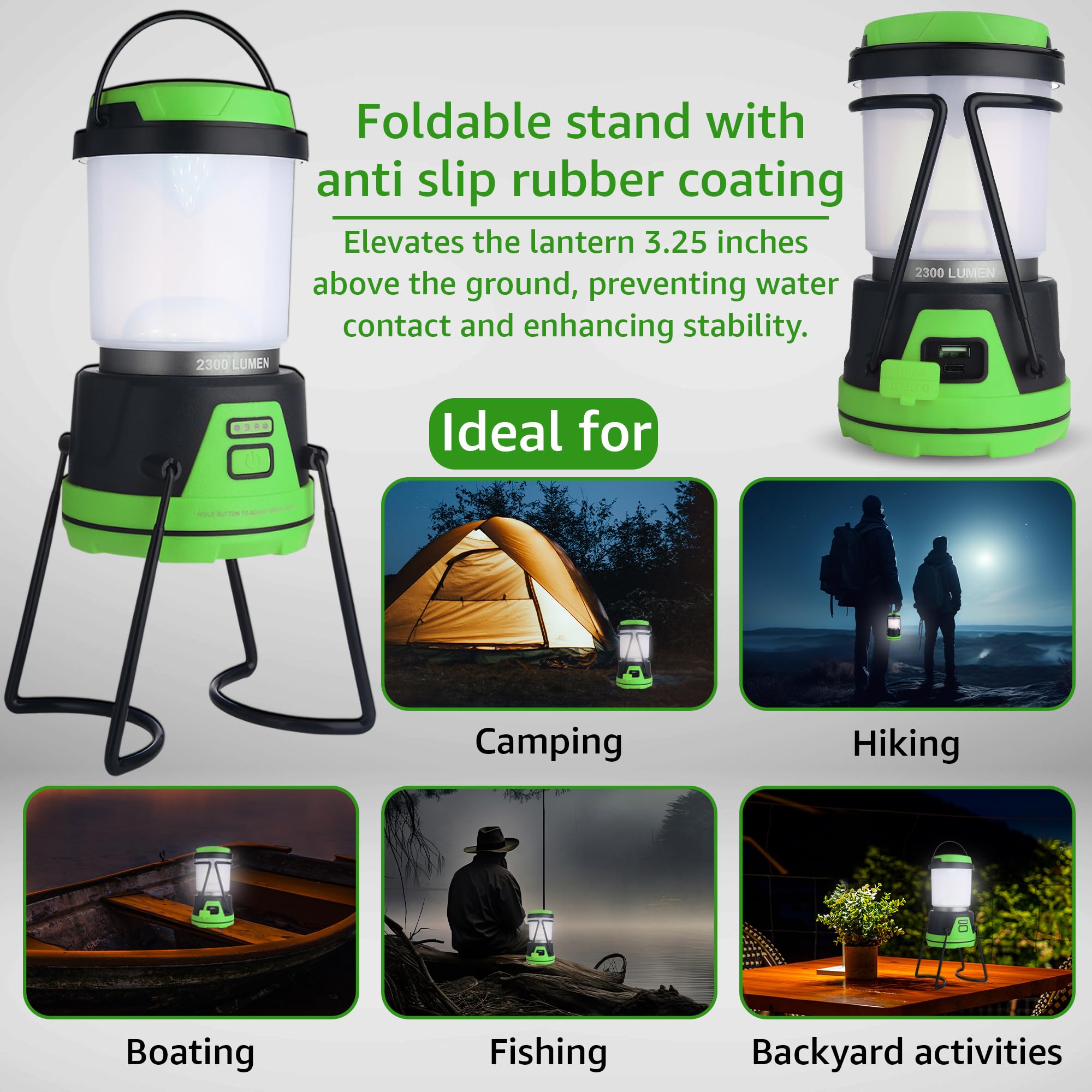 AYL Rechargeable LED Camping Lantern - 2300 Lumens, Portable, Waterproof, Black and Green, Model RESL688
