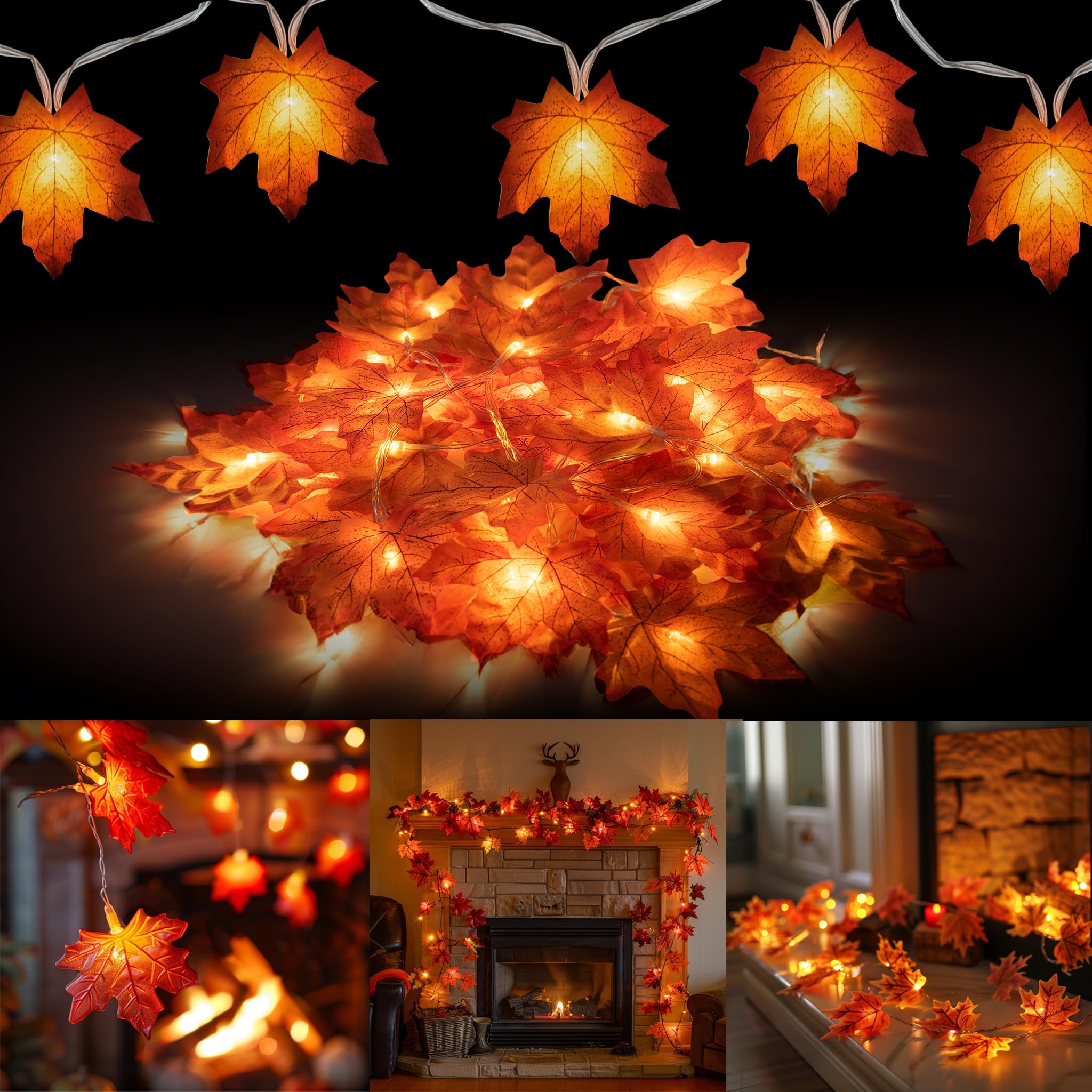 Dazzle Bright Maple Leaf String Lights, 40 LED, 20FT, Battery Operated, 2 Pack, Orange Fall Decorations