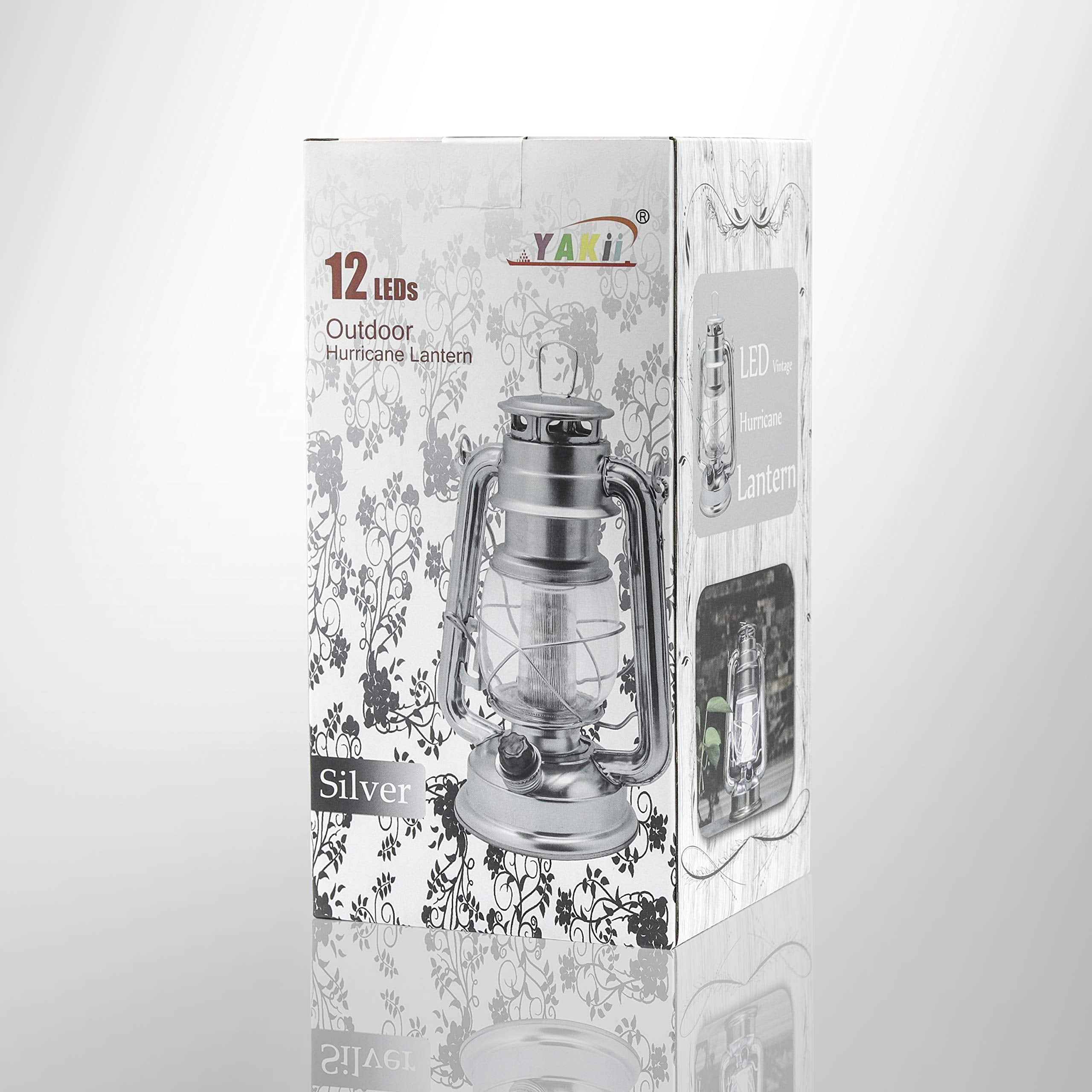 YAKii LED Vintage Lantern - Hanging Hurricane Light, 12 LEDs, Dimmer Switch, Battery Operated, Silver, Model 218446