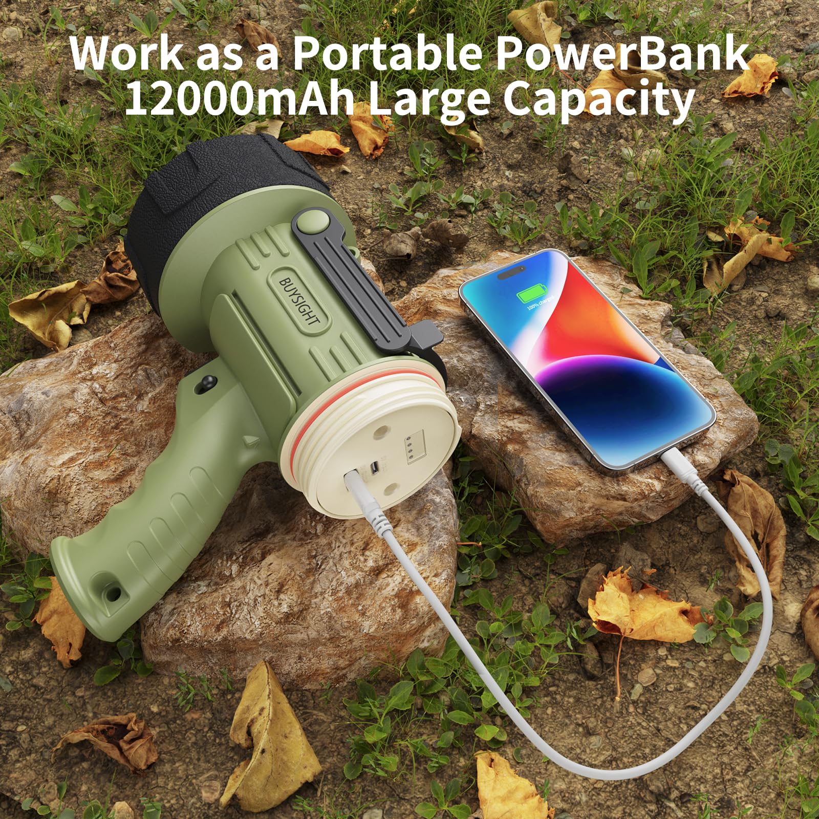 Buysight Rechargeable Spotlight Flashlight, 1000,000 Lumens Hand Held Spot Lights Waterproof Led Flashlight Hunting Lamp With Red Filter (Matcha Green)