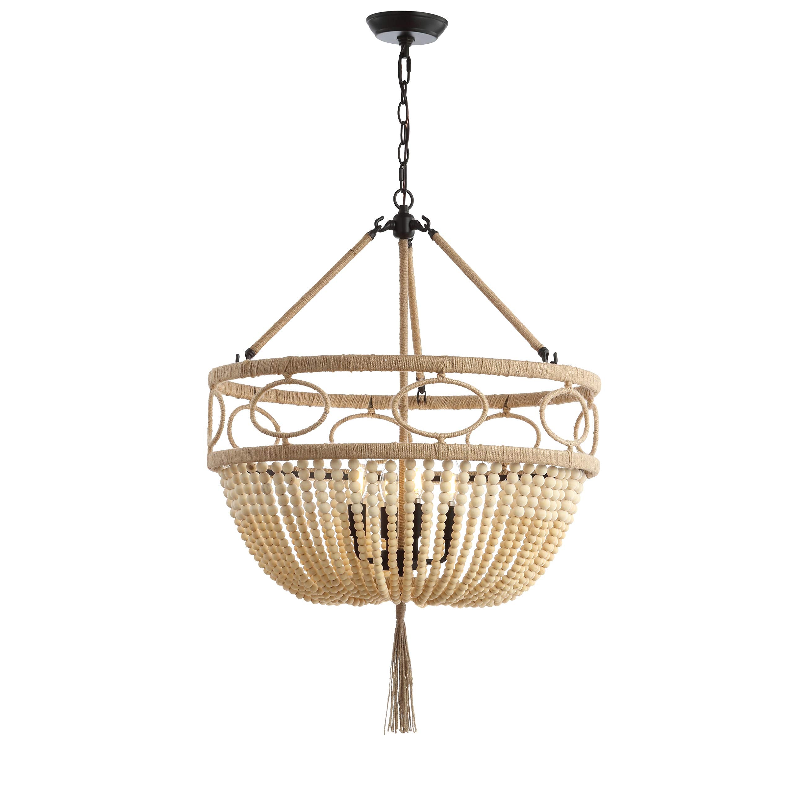 SAFAVIEH Lighting Collection - Whitley Bohemian Wooden Beaded Tassel 4-Light Adjustable Pendant Chandelier, Hanging Ceiling Fixt