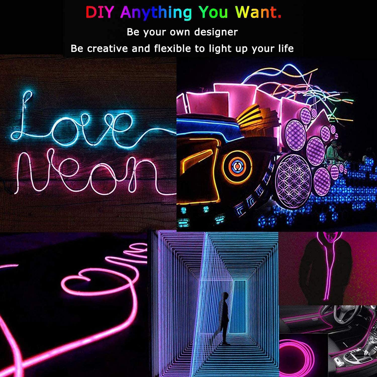 Jiguoor Usb Rechargeable El Wire 32.8Ft/10M (5Mx2) Bright Neon Light Strip 360° Illumination Neon Tube Rope Lights For Diy, Festival, Party Decoration, Halloween, Chrismas (32.8Ft/10M, Pink)