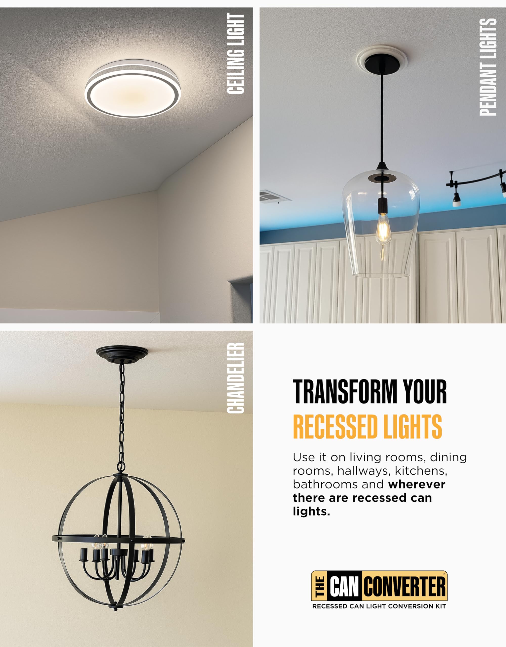 The Can Converter - R4, 4&quot; Recessed Can Light Conversion Kit, Up To 50Lbs Ceiling Light Fixture, Recessed Lighting, Pendant Light, Hanging Light, Chandeliers, Flush Mounts, & Overall Home Improvement