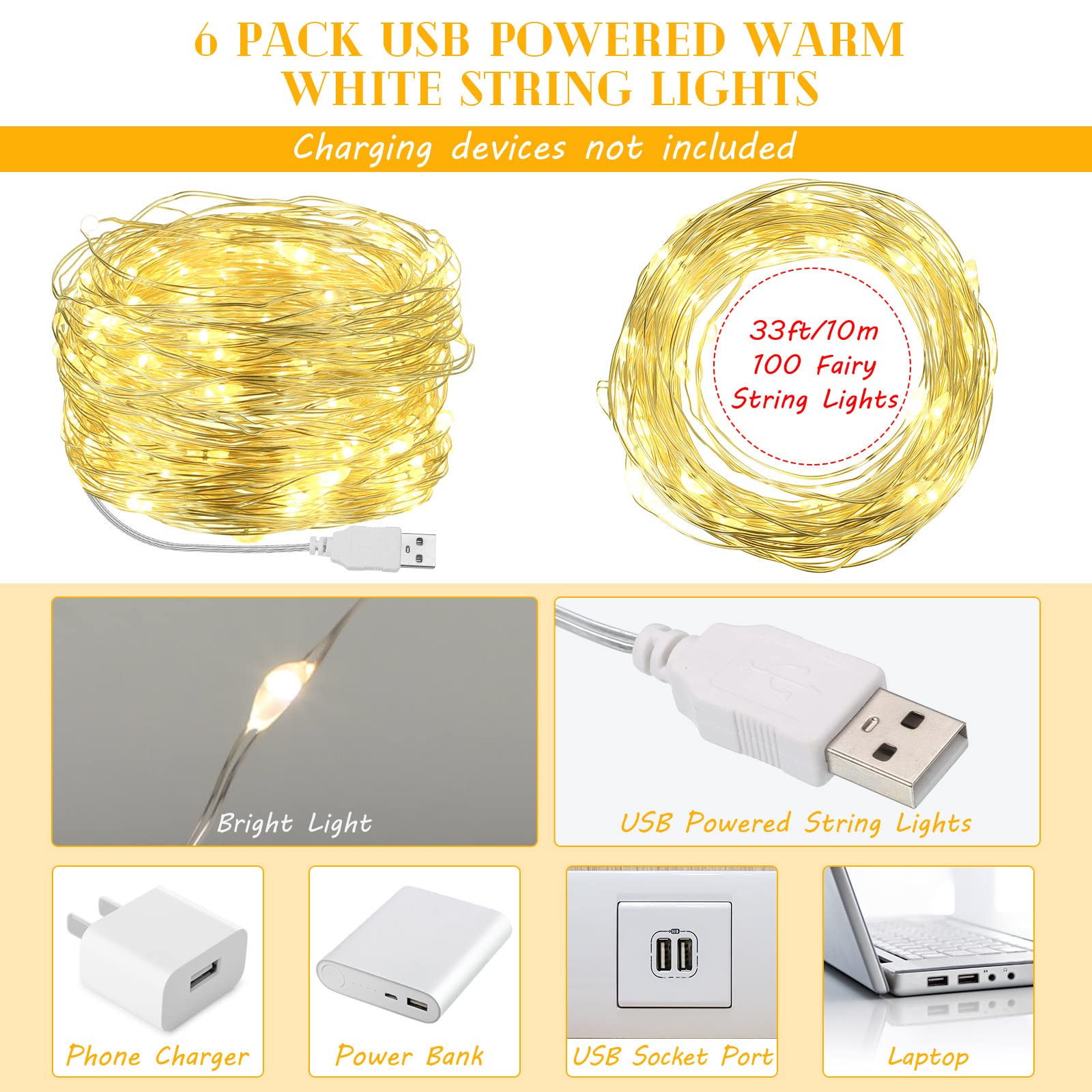 Macarrie Usb String Lights 33 Ft 100 Led Fairy Lights Powered String Lights For Indoor Outdoor Wedding Party Tree Home Festival Garden Decoration (Warm White, 6 Pcs)