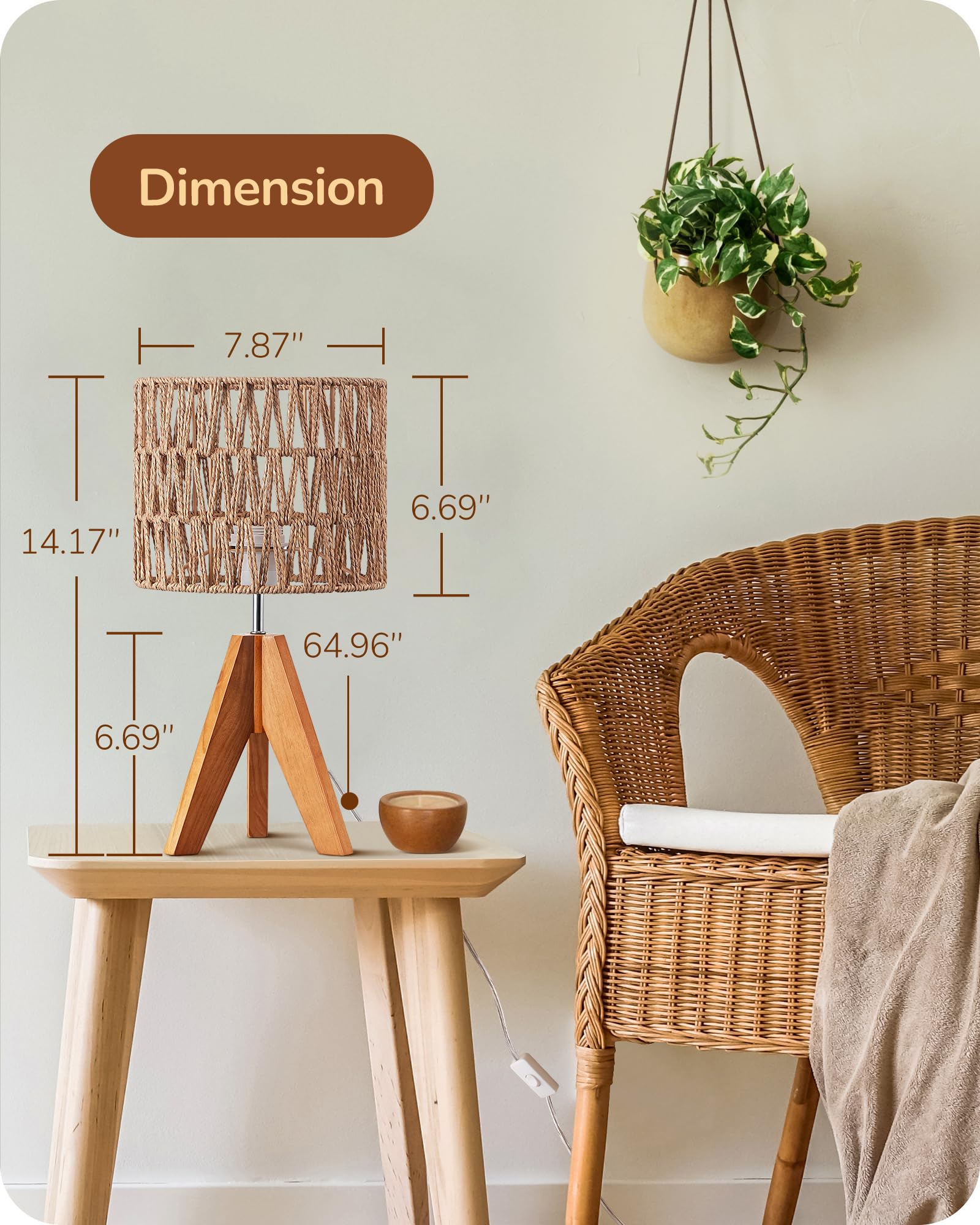 Edishine Small Table Lamp, Rattan Wood Tripod Bedside Lamp, Boho Nightstand Lamp For Living Room, End Table, Office, E26 Base, N