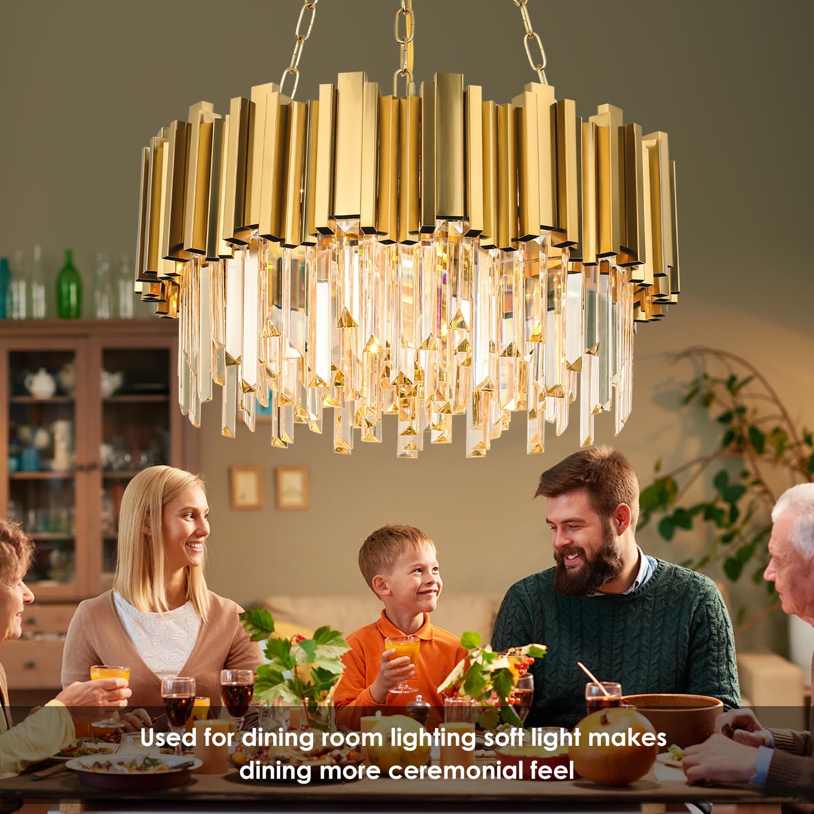 AKDXIRUN Modern Crystal Chandelier 9 Lights W22in Gold Metal Pendant Light Fixture for Dining Room, Living Room, Bedroom