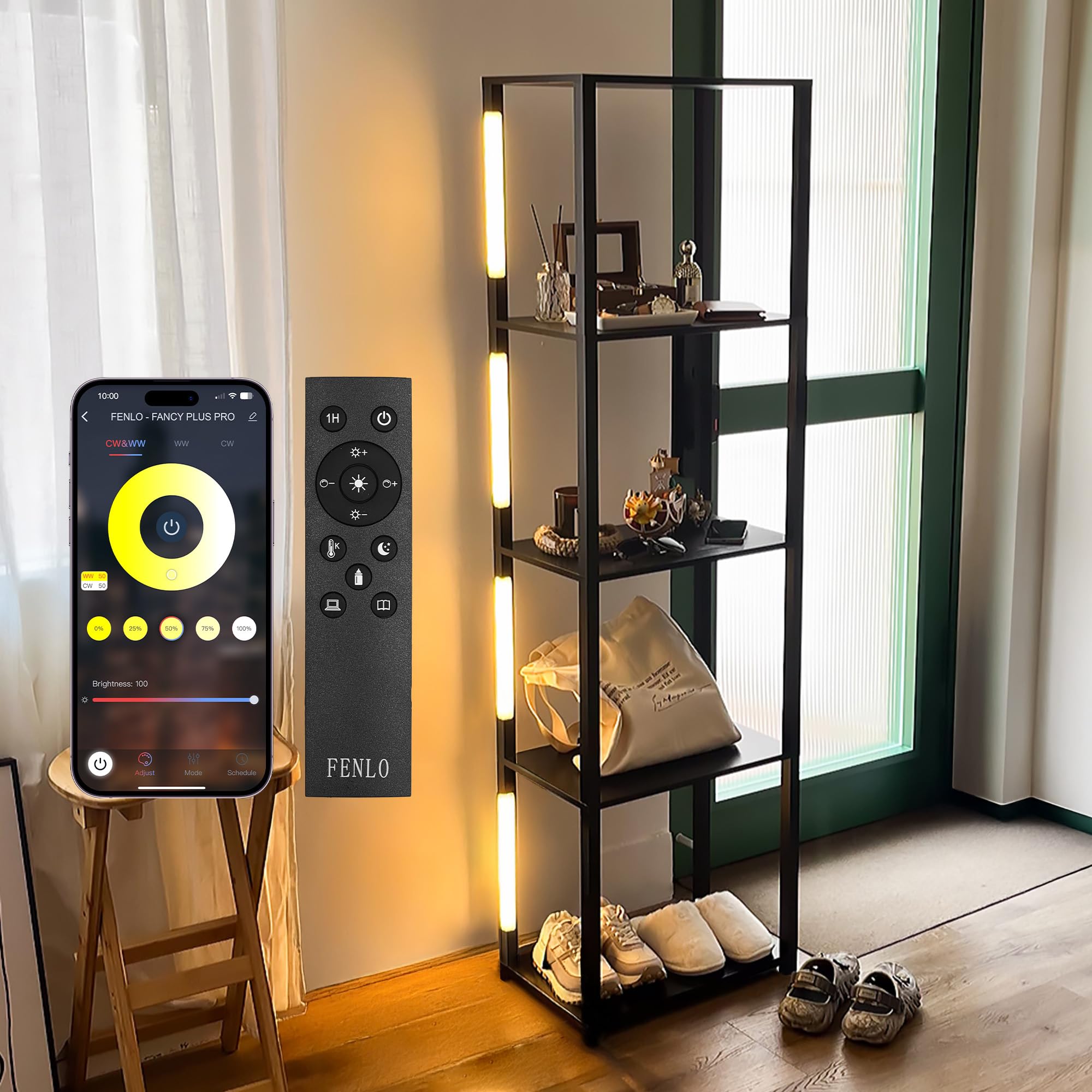 FENLO Fancy Plus Pro - LED Display Shelf with Dimmable Lights, LED Floor Lamps for Living Room, Sturdy Corner Shelf Curio Cabine