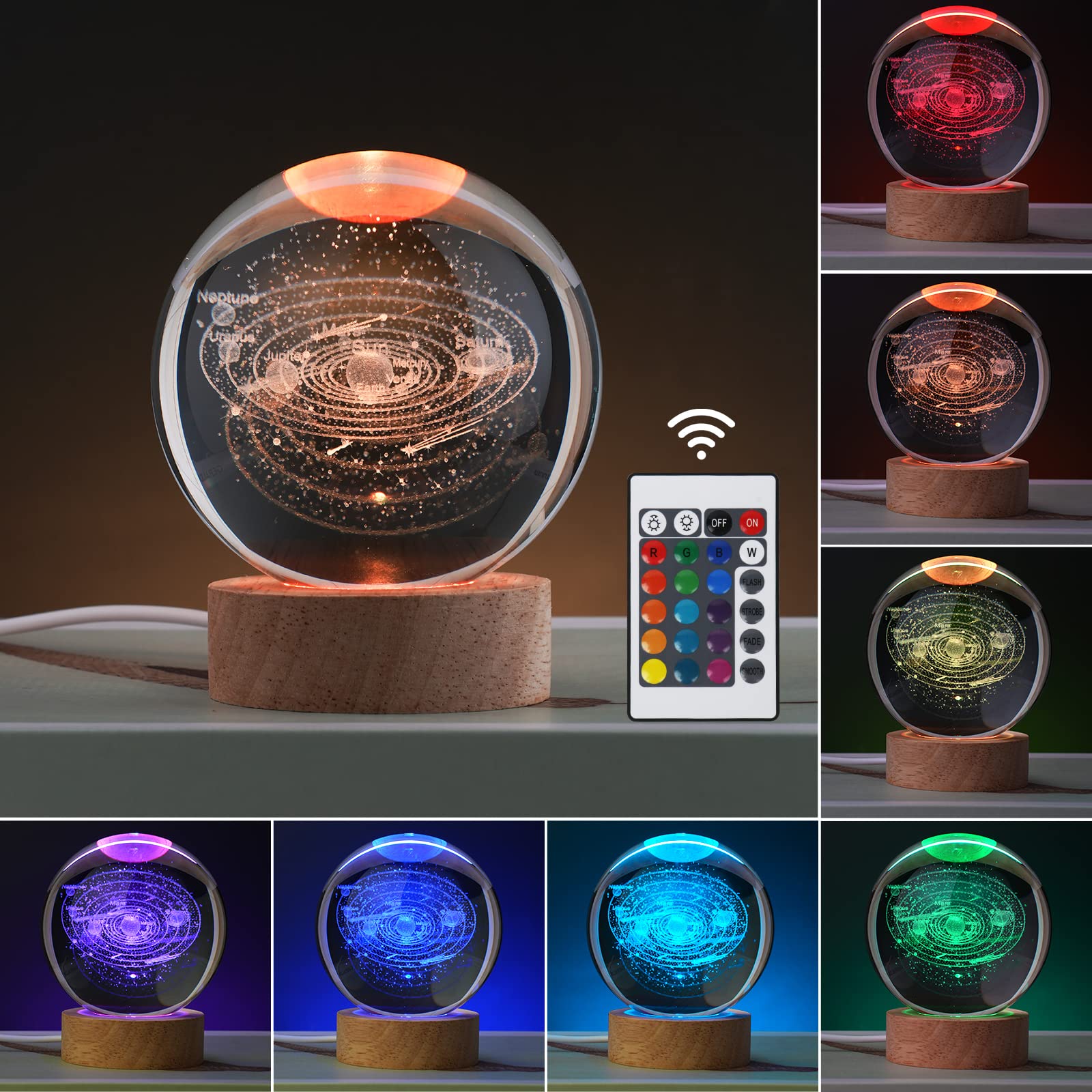 Janarary Large 3D Solar System Crystal Ball, Crystal Lamp 16 Color Changing Night Light With Remote Control For Bedroom Decor, I