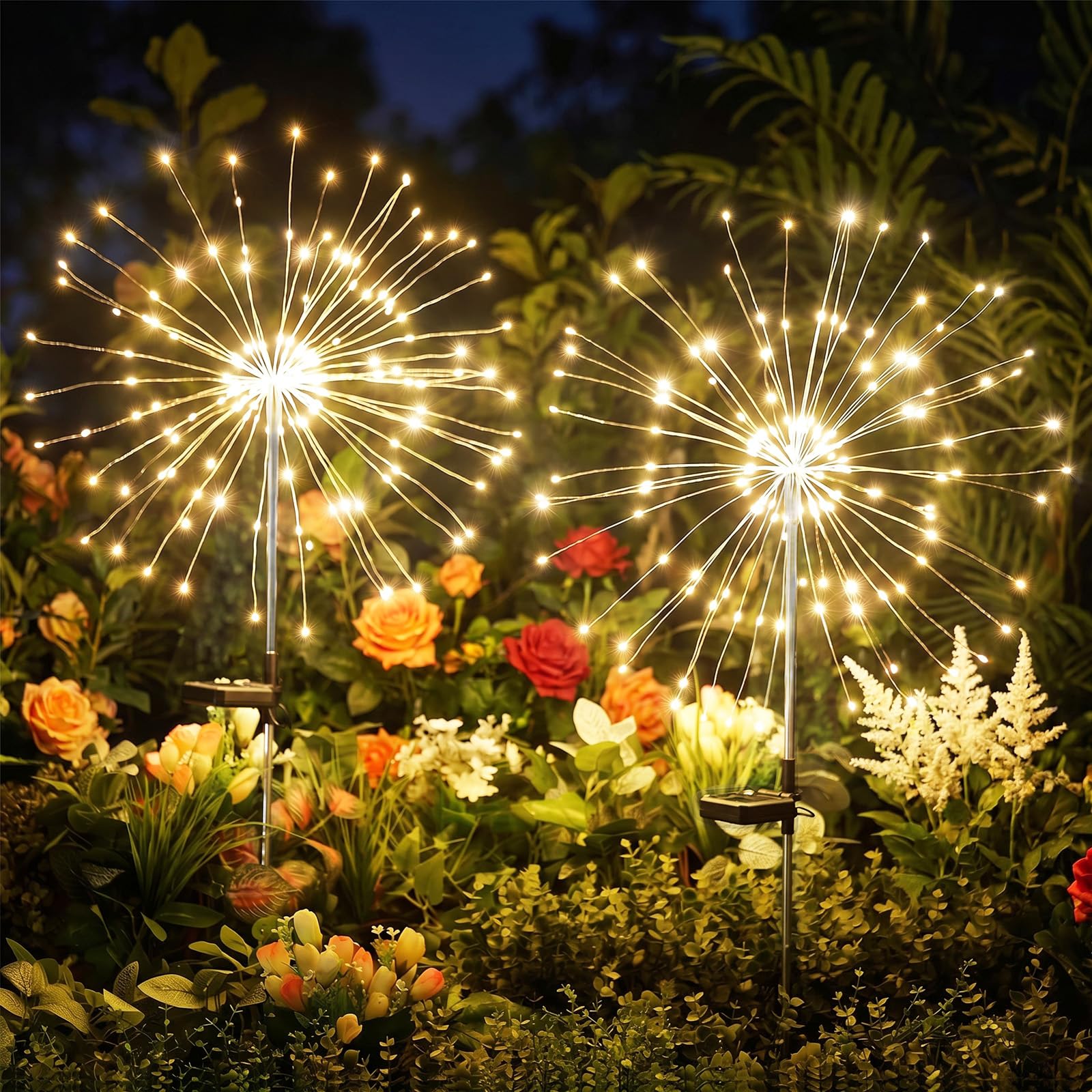Brightown 150LED Solar Garden Lights Outdoor, 8 Modes 2 Pack Firework Fairy Lights for Outside Decorative, Solar Powered Stake F