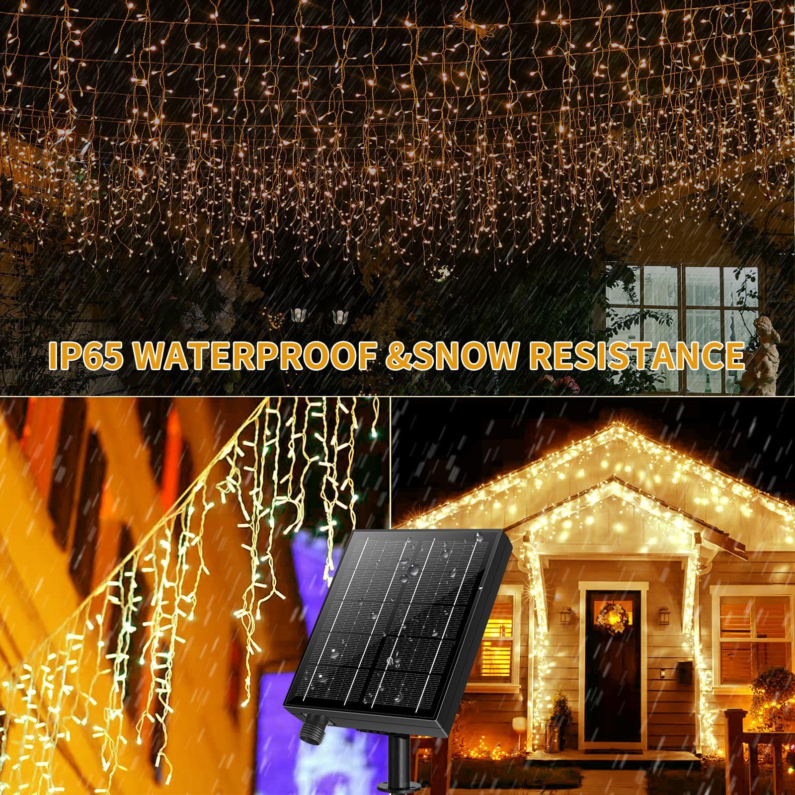 Ryblgled Solar Icicle Lights For Outside - 65Ft 506 Led Icicle Christmas Lights Outdoor Waterproof With Remote, Warm White Solar