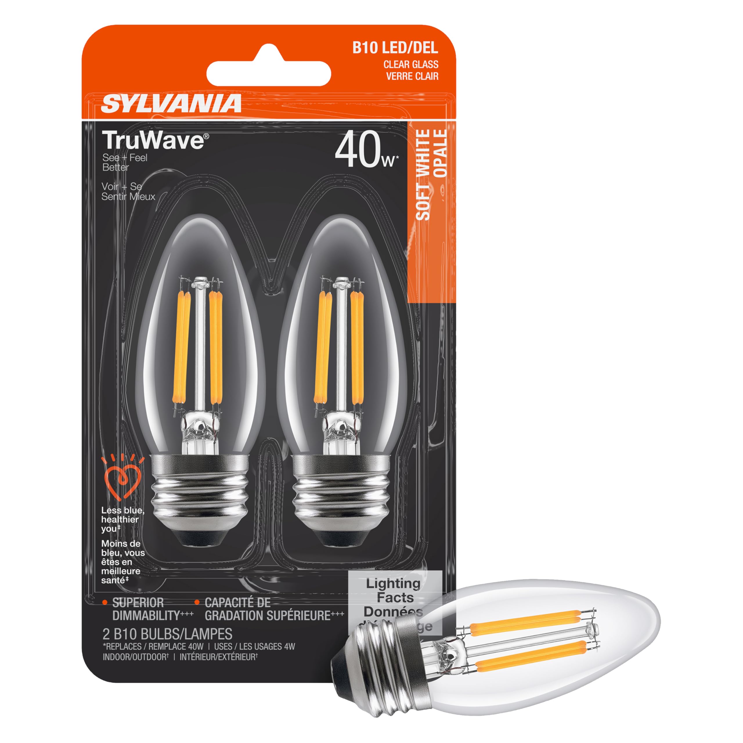 Sylvania Led Truwave Natural Series Candelabra Light Bulb, 40W Soft White Medium Base, Dimmable, Clear, Blunt Tip - 2 Pack