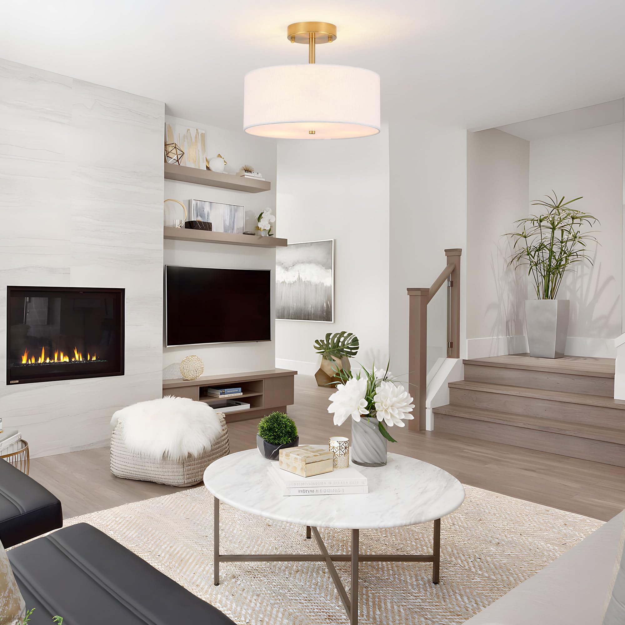 Febeleven 3-Light Semi Flush Mount Ceiling Light Modern Gold Drum Light Fixtures With White Fabric Cover Shade Round Chandelier