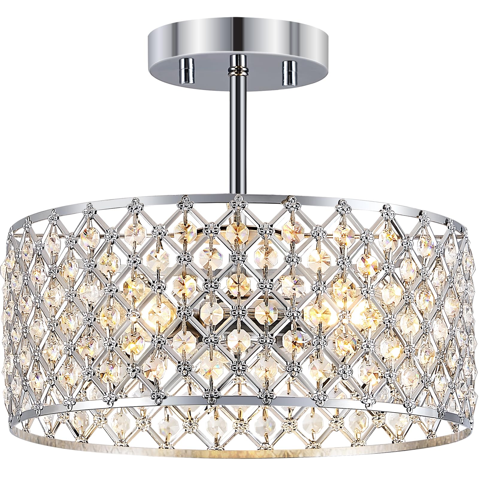 Bzvesr Chrome Crystal Ceiling Light Fixture Modern Semi Flush Mount Ceiling Lighting Fixture Round Small Chandelier For Dining Room  Hallway  Entryway  Kitchen  Bedroom Foyer 3 Light 12 Inch