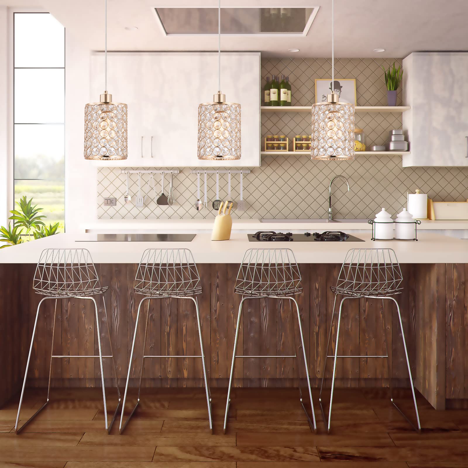 Cuaulans Gold Crystal Pendant Light, Modern Crystal Ceiling Pendant Lights, Cord Adjustable Pendant Lighting Fixture for Bar Kit