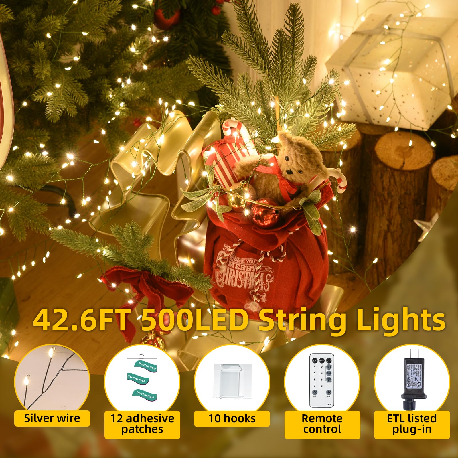 Lycklig Fairy Lights 32.8Ft 500LED Warm White Copper Waterproof Green Wire Remote Twinkle String Light Model LY-500LED-LS-WW-YK