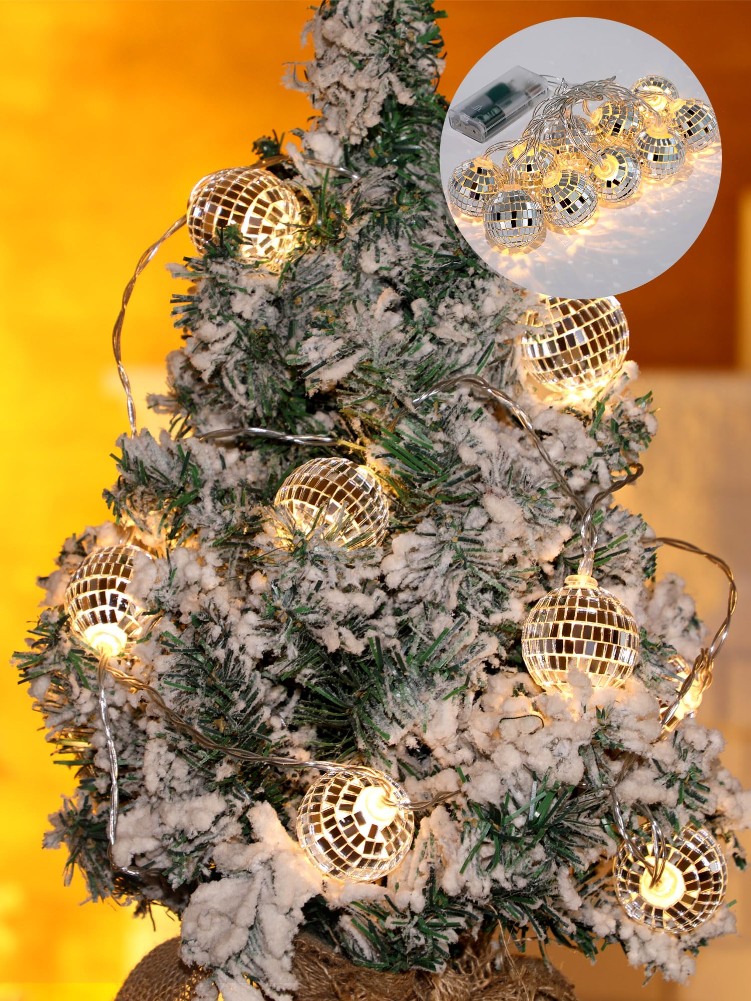 Bbto 10 Pcs Led Disco Ball String Light Battery Powered Mirror Ball Ornaments 70S 80S 90S Disco Party Supplies(Warm Silver,1.57