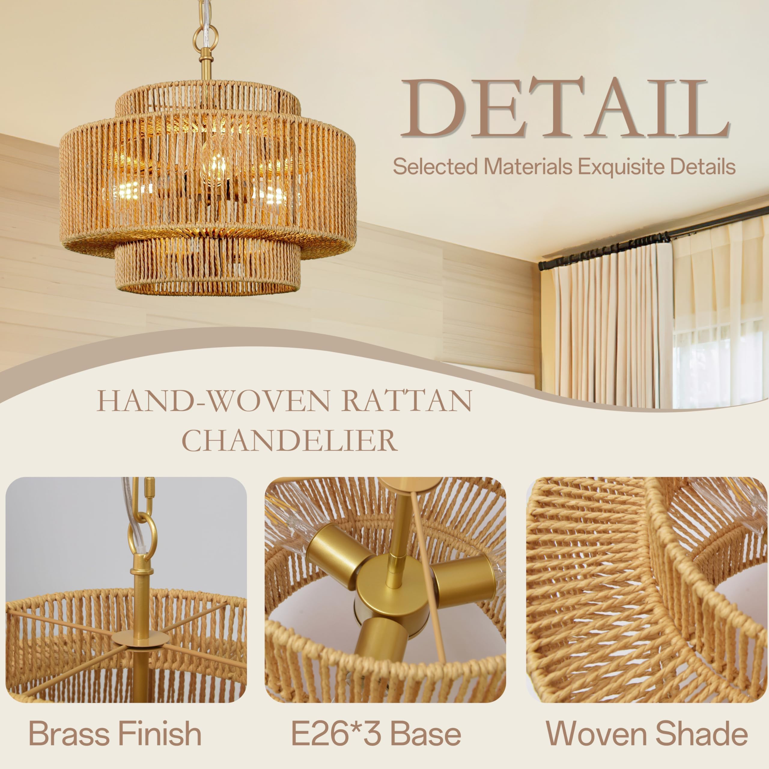 Bagood 18''Rattan Pendant Light Gold Woven Pendant Light 3-Light Boho Chandelier Light Fixture 3-Tier Wicker Pendant Light Rusti