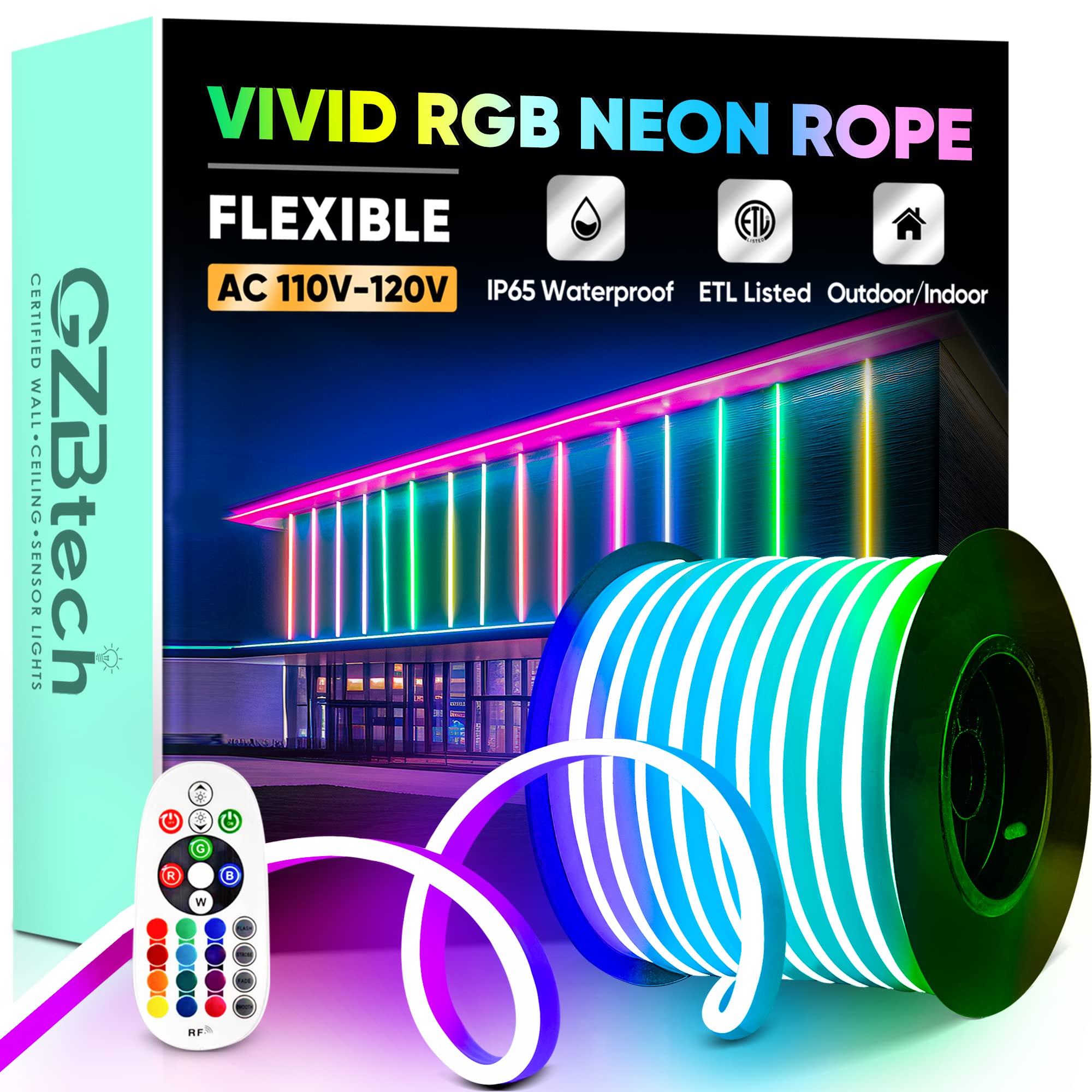 Gzbtech Rgb Led Neon Rope Lights 100Ft/30M  Ac 110-120V Waterproof Color Changing Led Rope With Remote Controller  Dimmable Multi Color Neon Rope Lighting For Indoor Outdoor Commercial Use